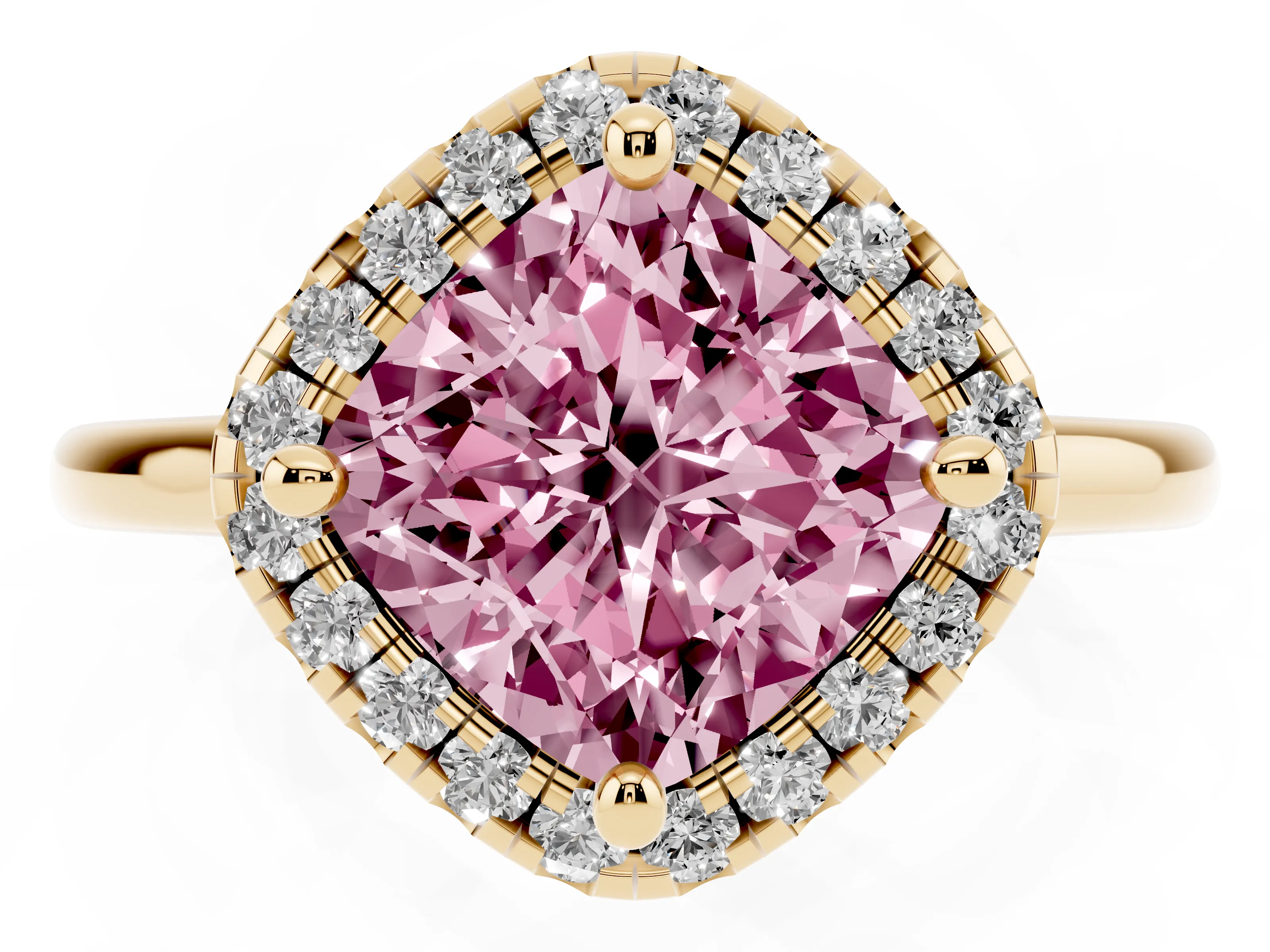 Fancy Pink Cushion Cut Diamond Halo Engagement Ring Set in Yellow gold with Pavé Band and Rising Shoulders