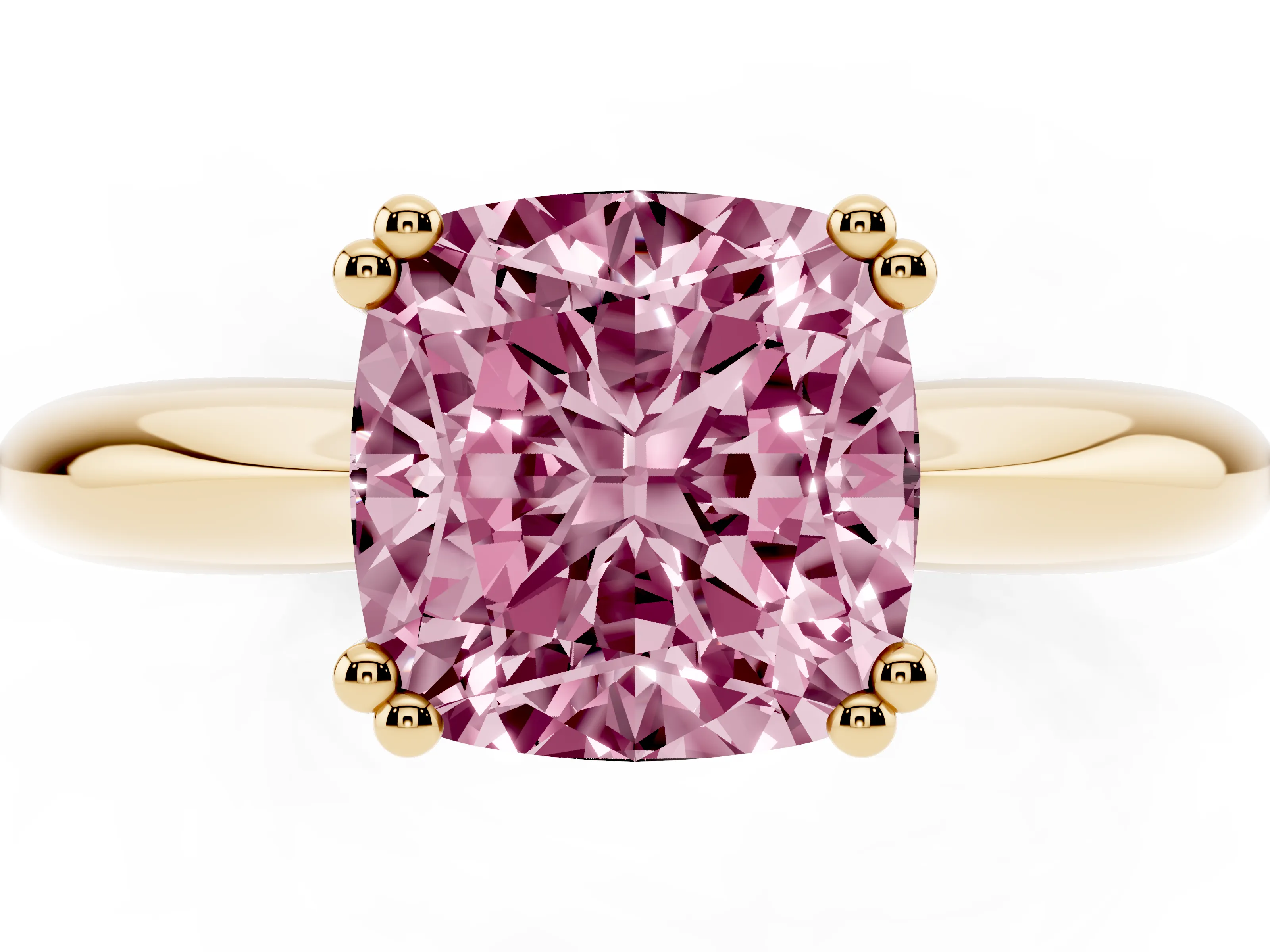 Fancy Pink Cushion Cut Diamond Solitaire Engagement Ring Set in Yellow gold with Tapered Band and Prong Setting