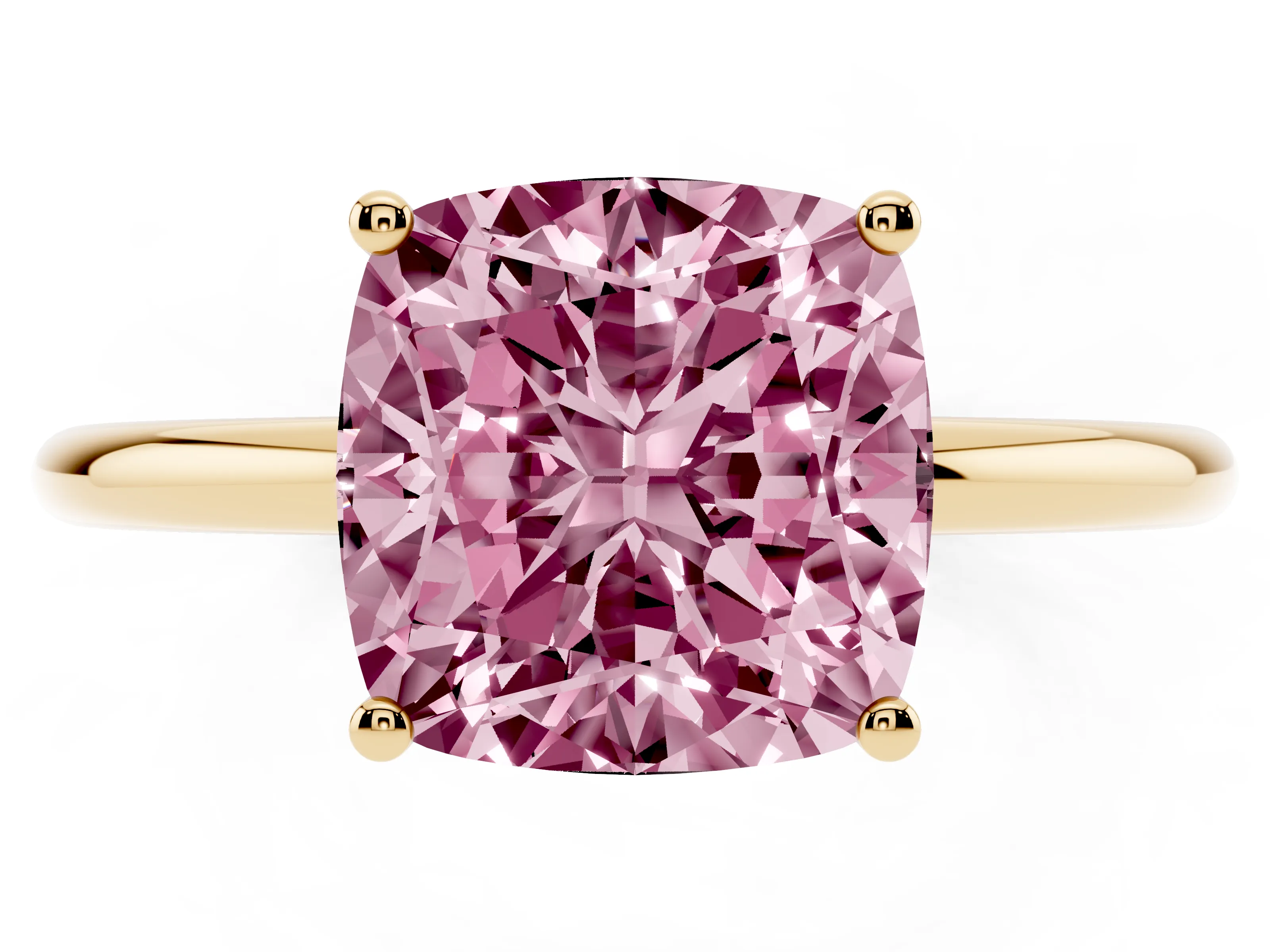 Fancy Pink Cushion Cut Diamond Solitaire Engagement Ring Set in Yellow gold with Thin Band and Prong Setting