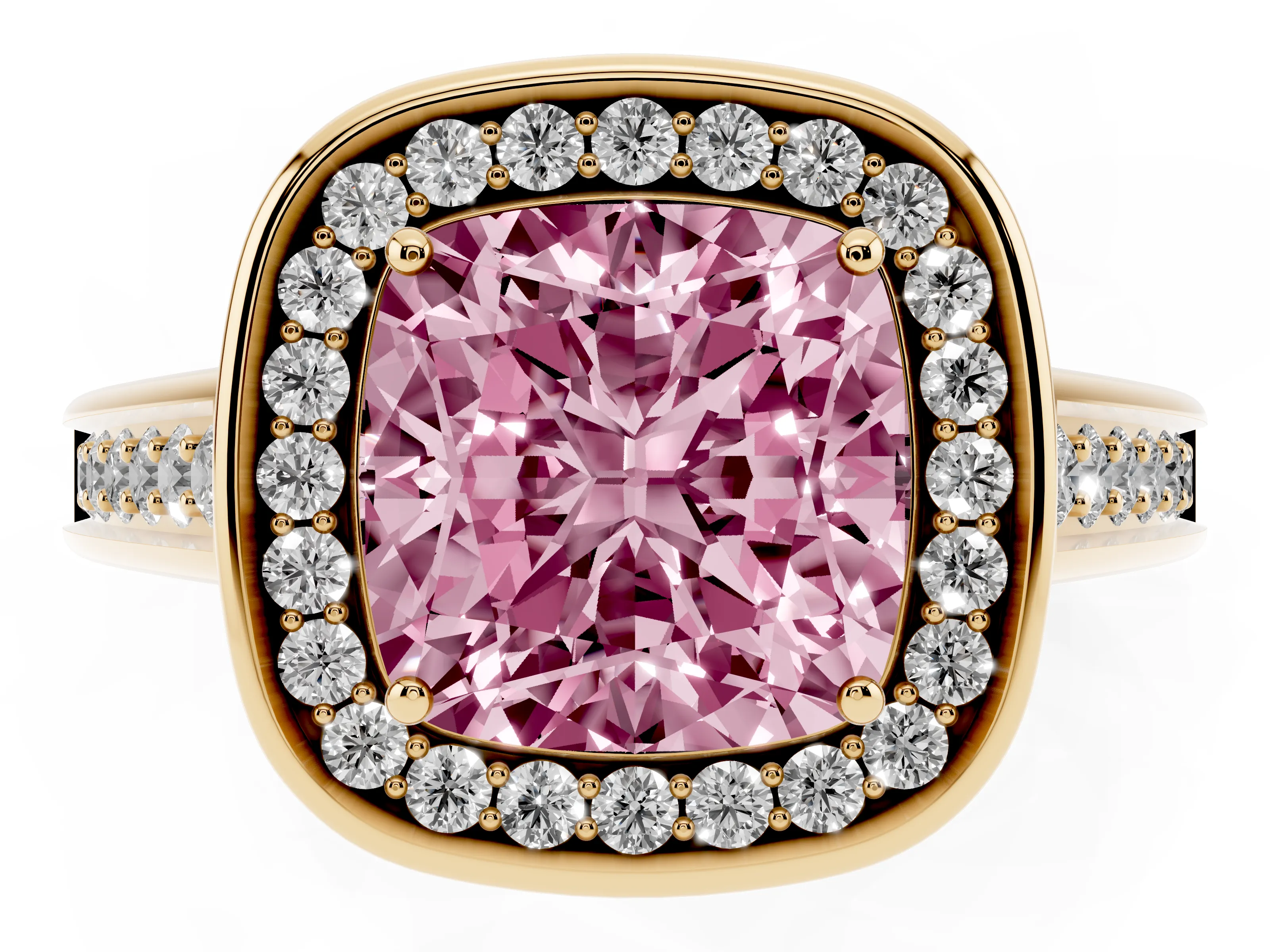 Fancy Pink Cushion Cut Diamond Halo Solitaire Ring Set in Yellow gold with Pavé Band and Bezel Setting
