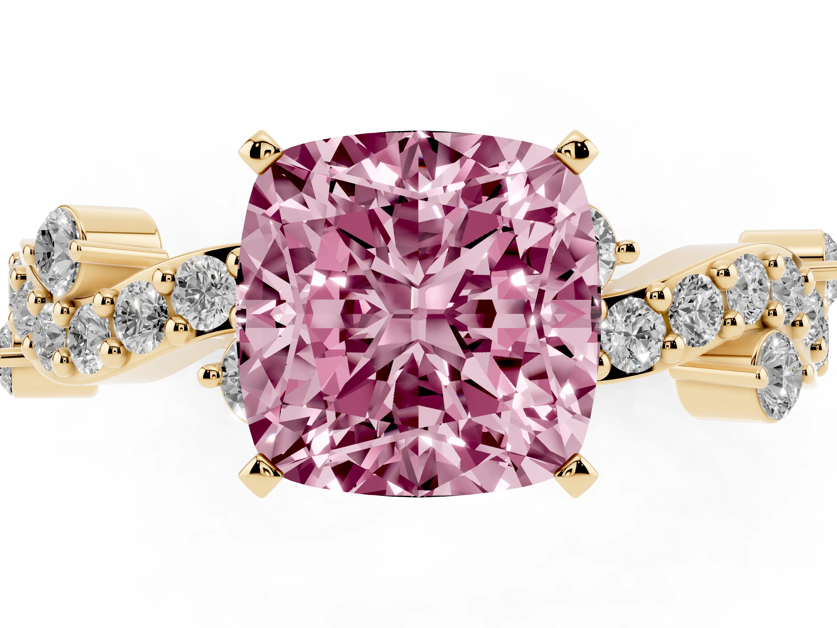Fancy Pink Cushion Cut Diamond Solitaire Twisted Band Set in Yellow gold with Pavé Setting