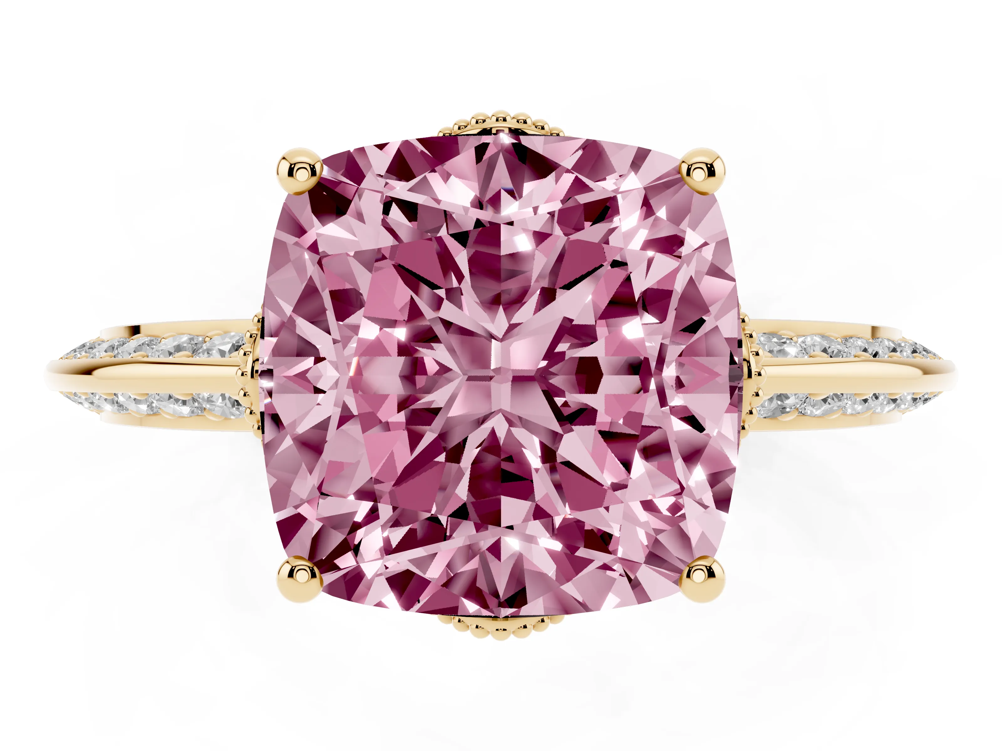 Fancy Pink Cushion Cut Diamond Solitaire Engagement Ring Set in Yellow gold with Pavé Split Shank and Prong Setting