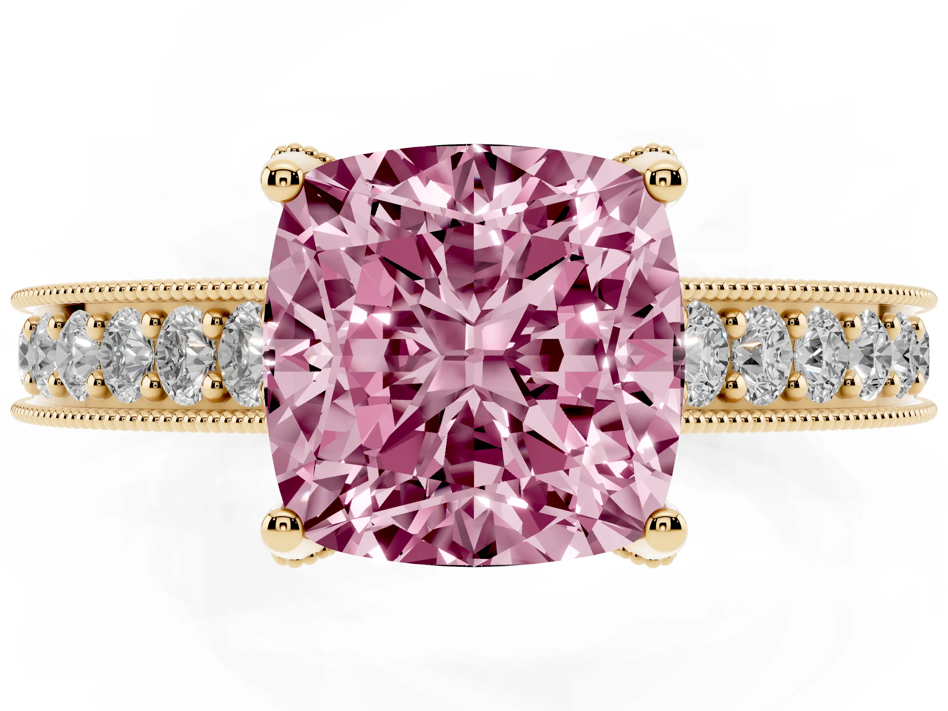 Fancy Pink Cushion Cut Diamond Solitaire Ring Set in Yellow gold with Milgrain-Edged Pavé Band and Prong Setting