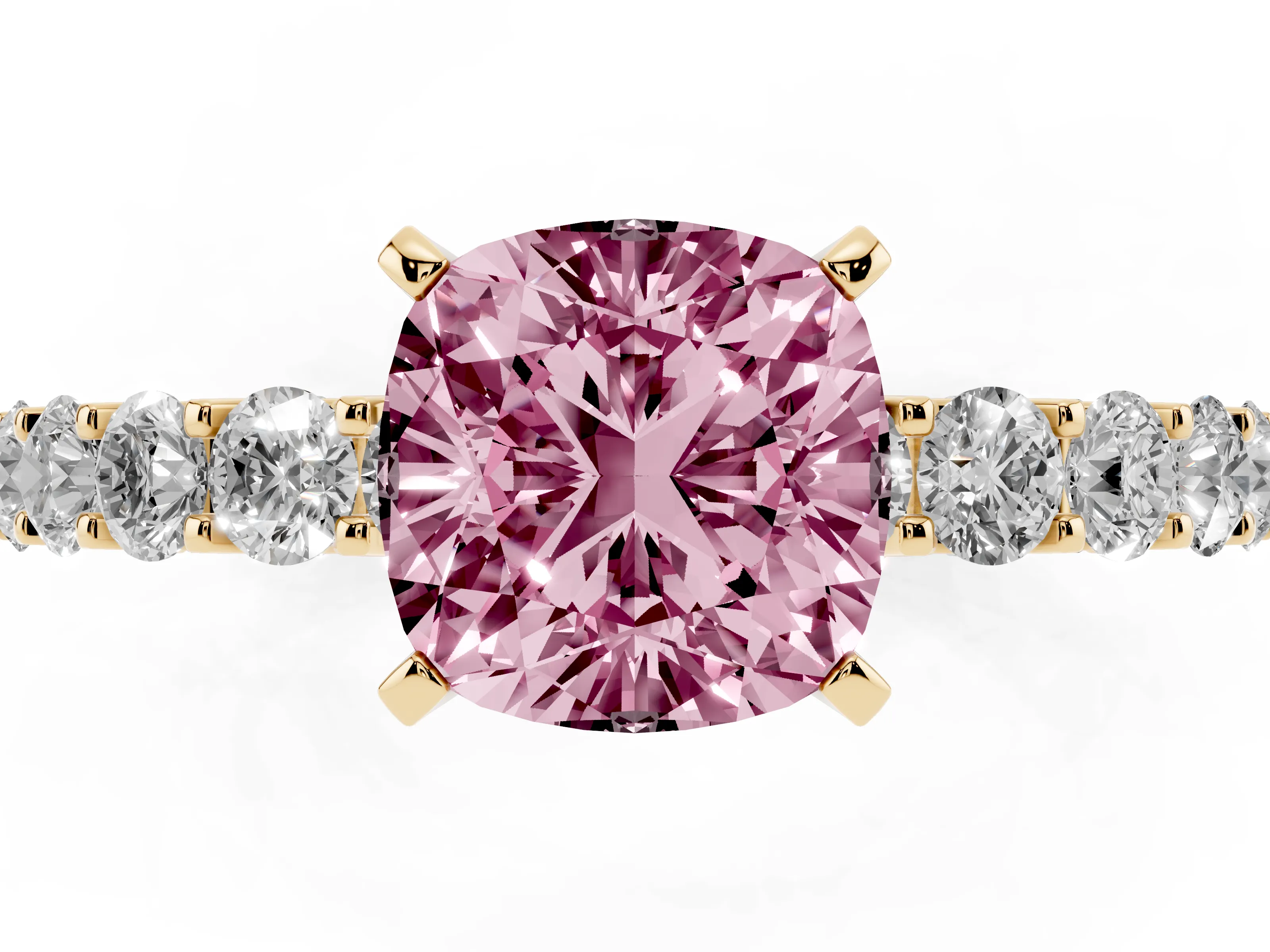 Fancy Pink Cushion Cut Diamond Solitaire Ring Set in Yellow gold with Shared Prong Pavé Band