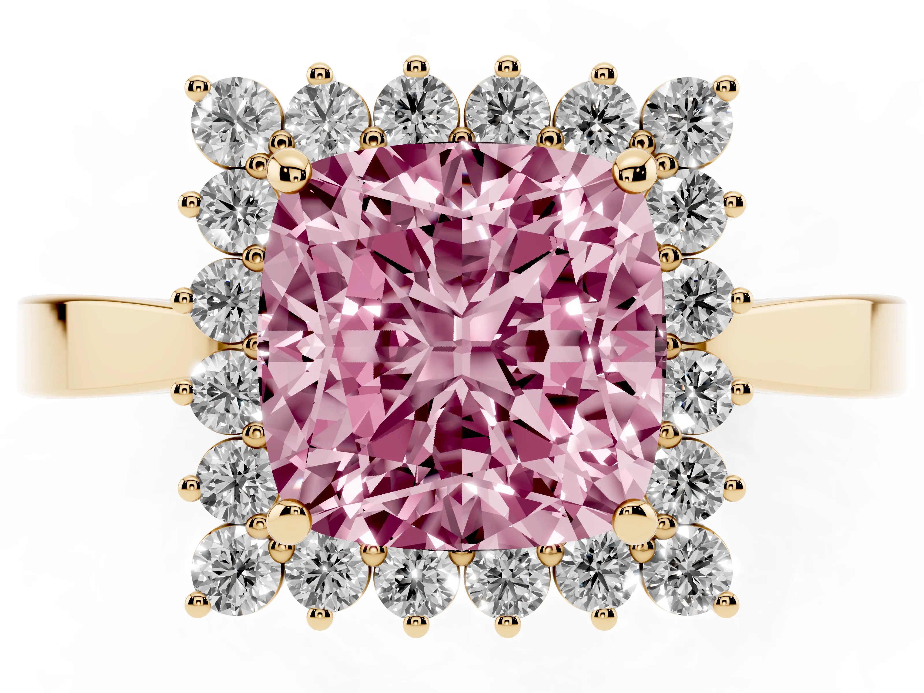 Fancy Pink Cushion Cut Diamond Halo Ring Set in Yellow gold with Round Halo and Smooth Solitaire Band