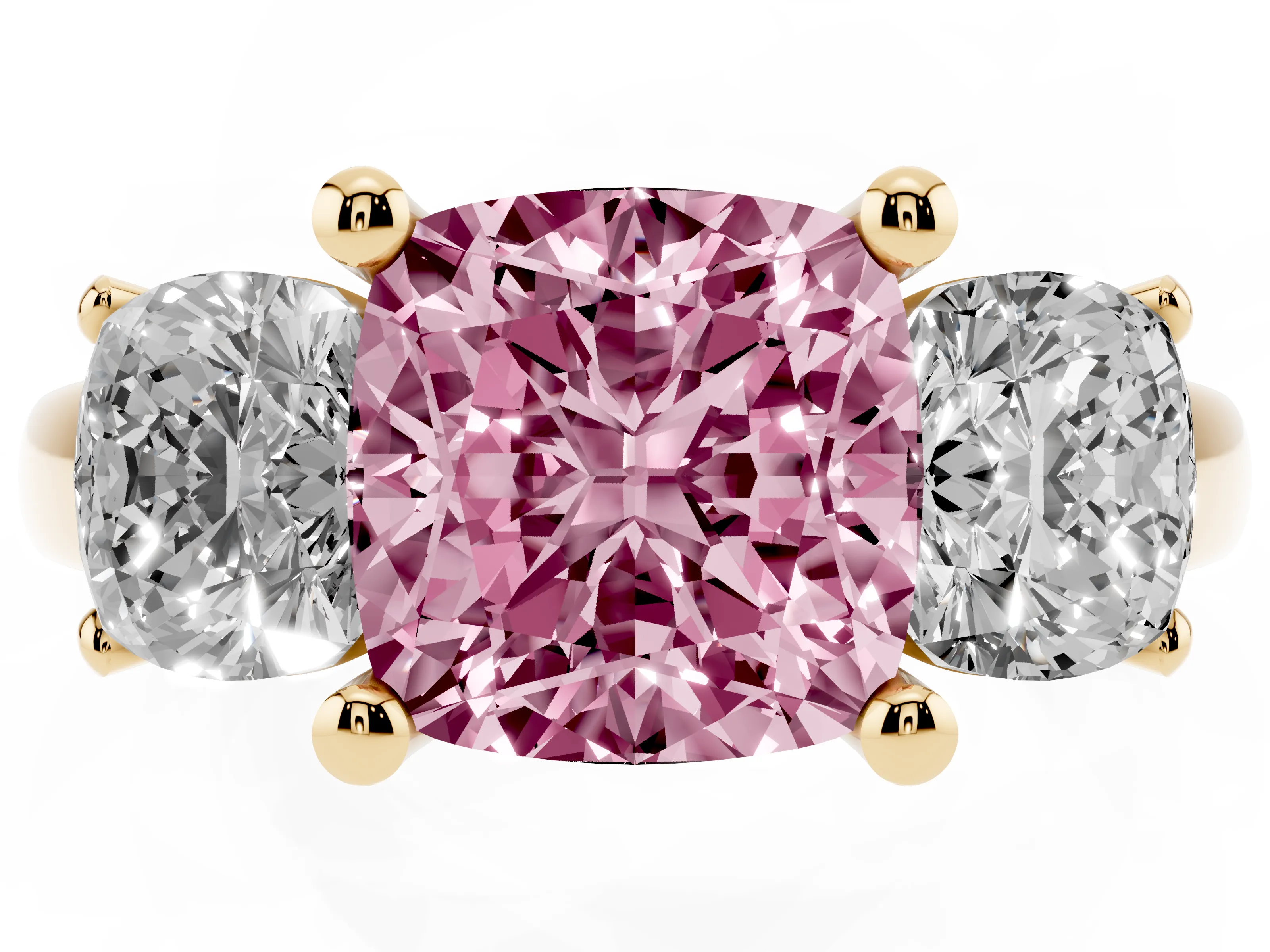 Fancy Pink Cushion Cut Diamond Three-Stone Ring Set in Yellow gold with Classic Prong Setting and Plain Band