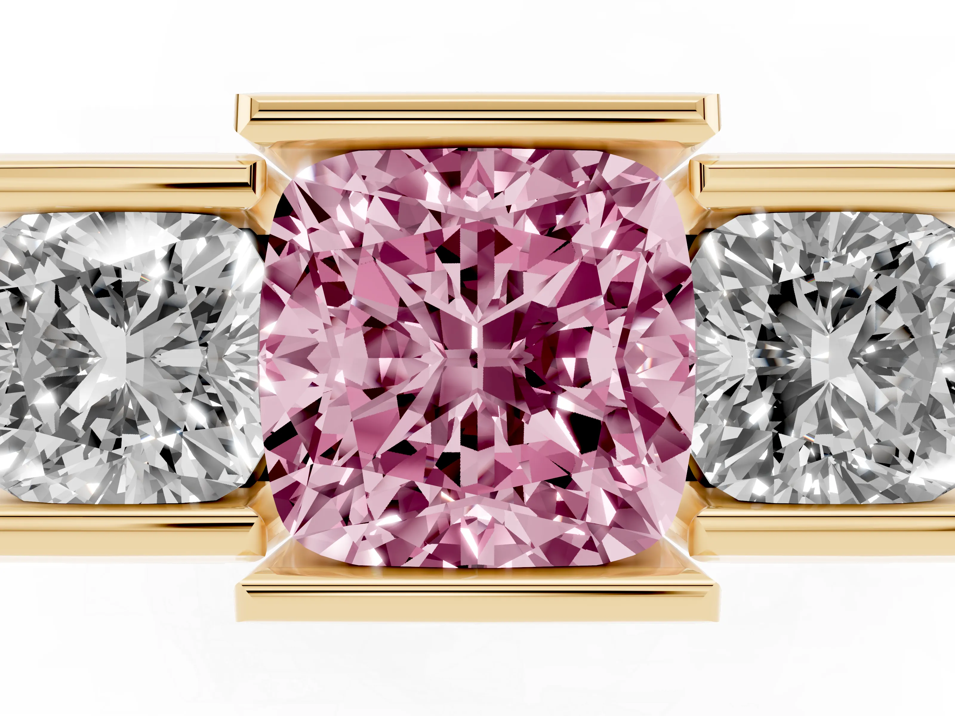 Fancy Pink Cushion Cut Diamond Three-Stone Channel Set Ring Set in Yellow gold with Smooth Polished Band