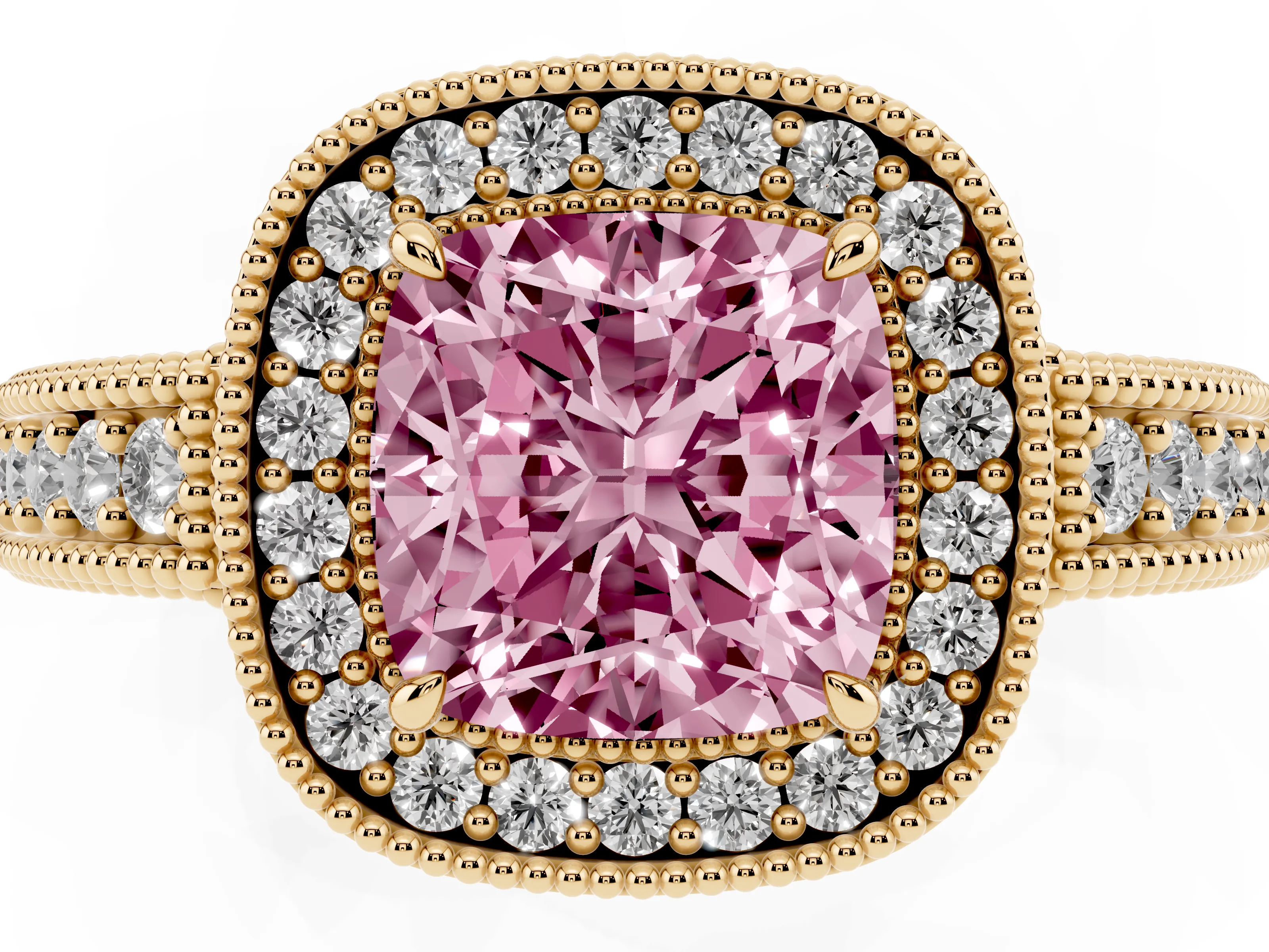 Fancy Pink Cushion Cut Diamond Halo Ring Set in Yellow gold with Round Accent Halo, Pavé Band and Prong Setting
