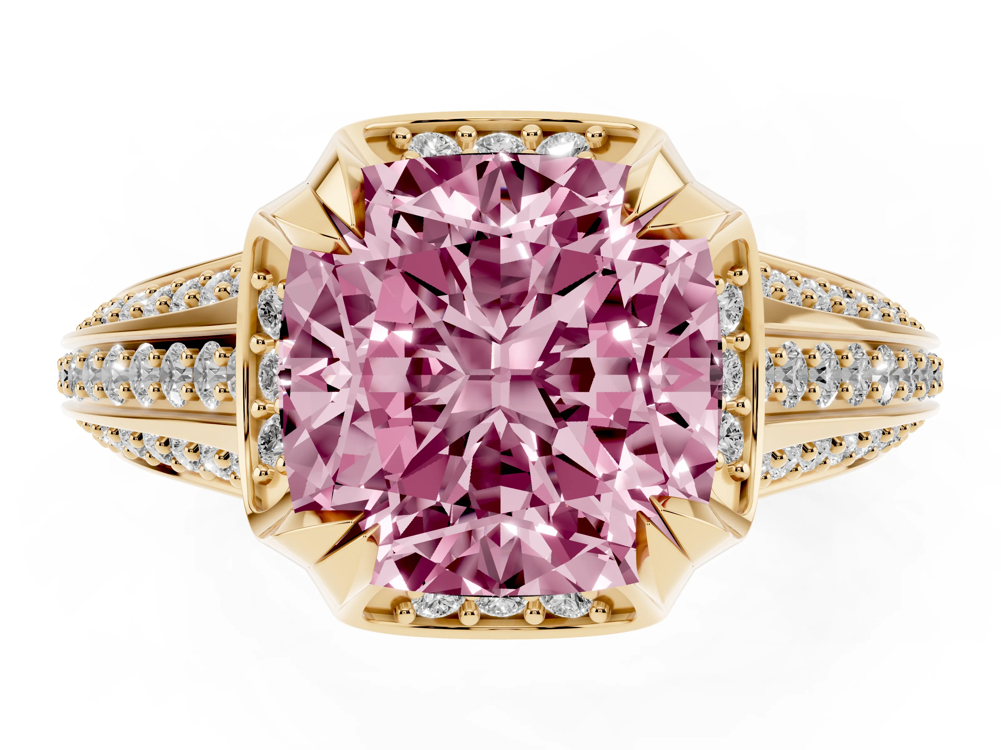 Fancy Pink Cushion Cut Diamond Pavé Split Shank Solitaire Ring Set in Yellow gold with Prong Setting