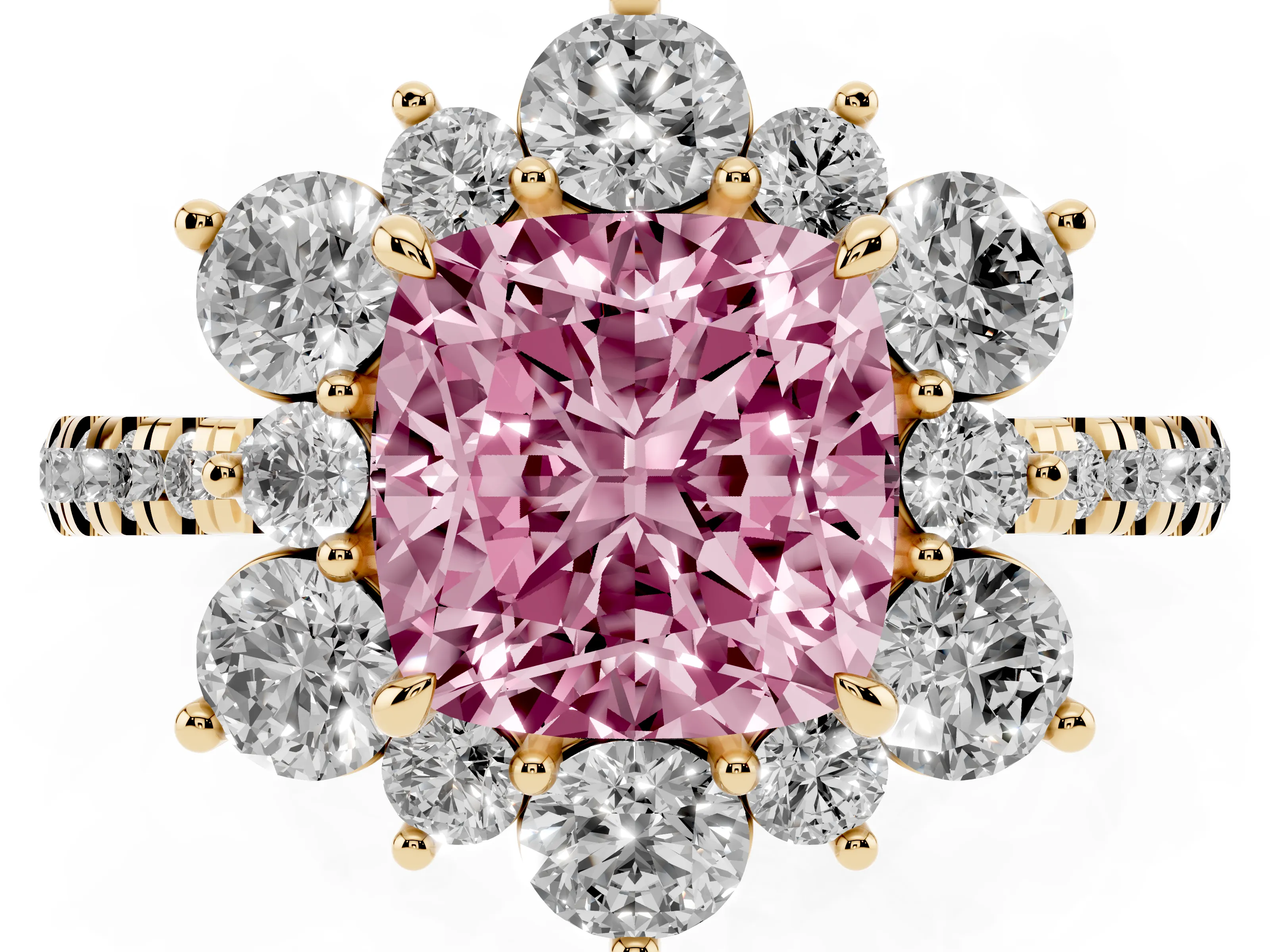 Fancy Pink Cushion Cut Diamond Floral Halo Ring Set in Yellow gold with Round Pavé Band and Prong Setting