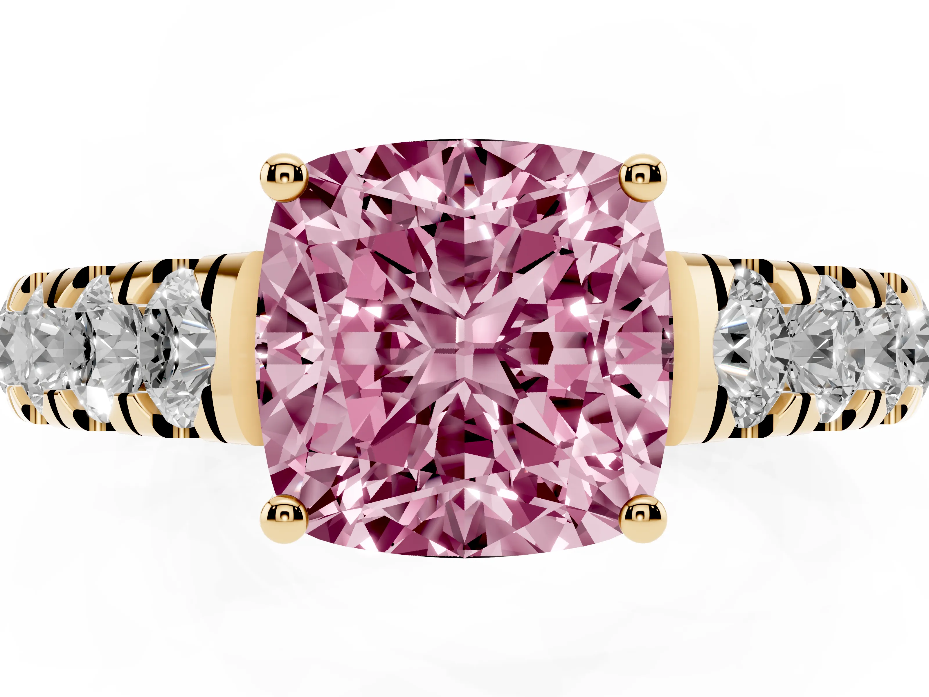 Fancy Pink Cushion Cut Diamond Solitaire Ring Set in Yellow gold with Cut-Down Micro Pavé Band and Prong Setting