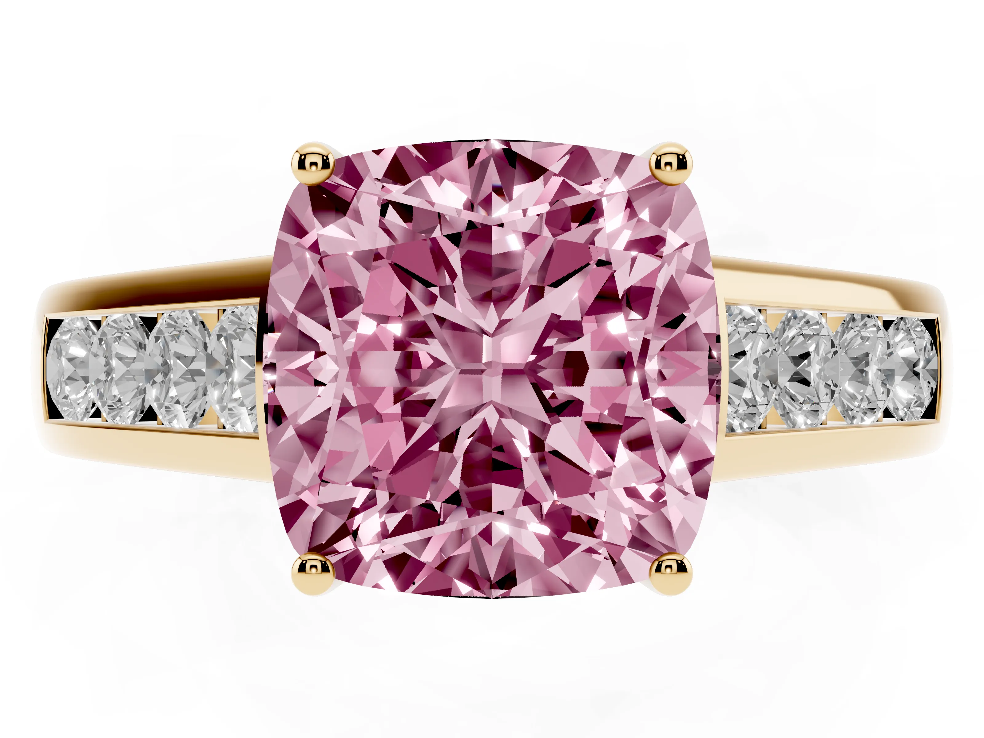 Fancy Pink Cushion Cut Diamond Brilliant Channel-Set Solitaire Ring Set in Yellow gold with Prong Setting