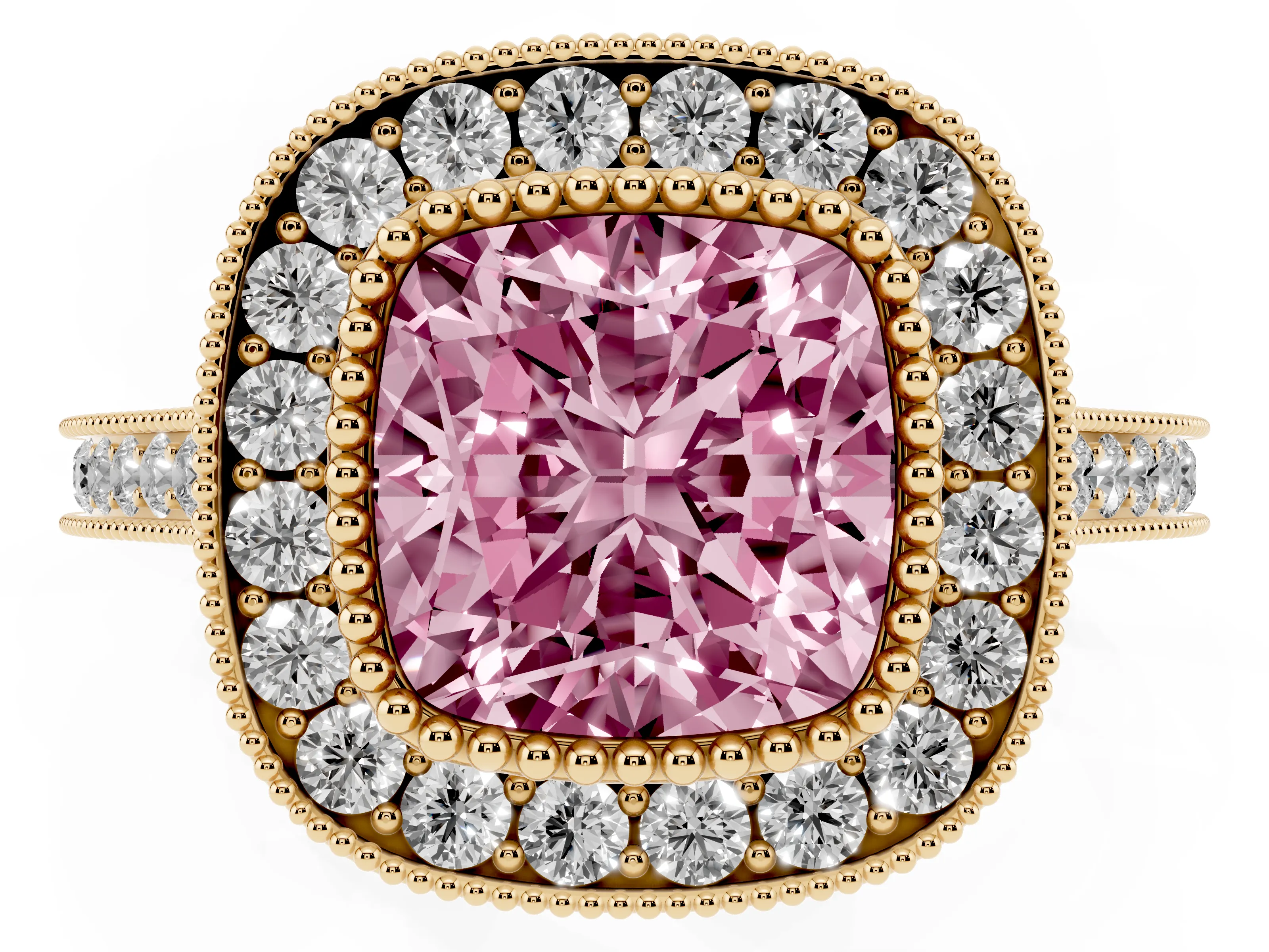 Fancy Pink Cushion Cut Diamond Halo Ring Set in Yellow gold with Milgrain Frame and Pavé Band