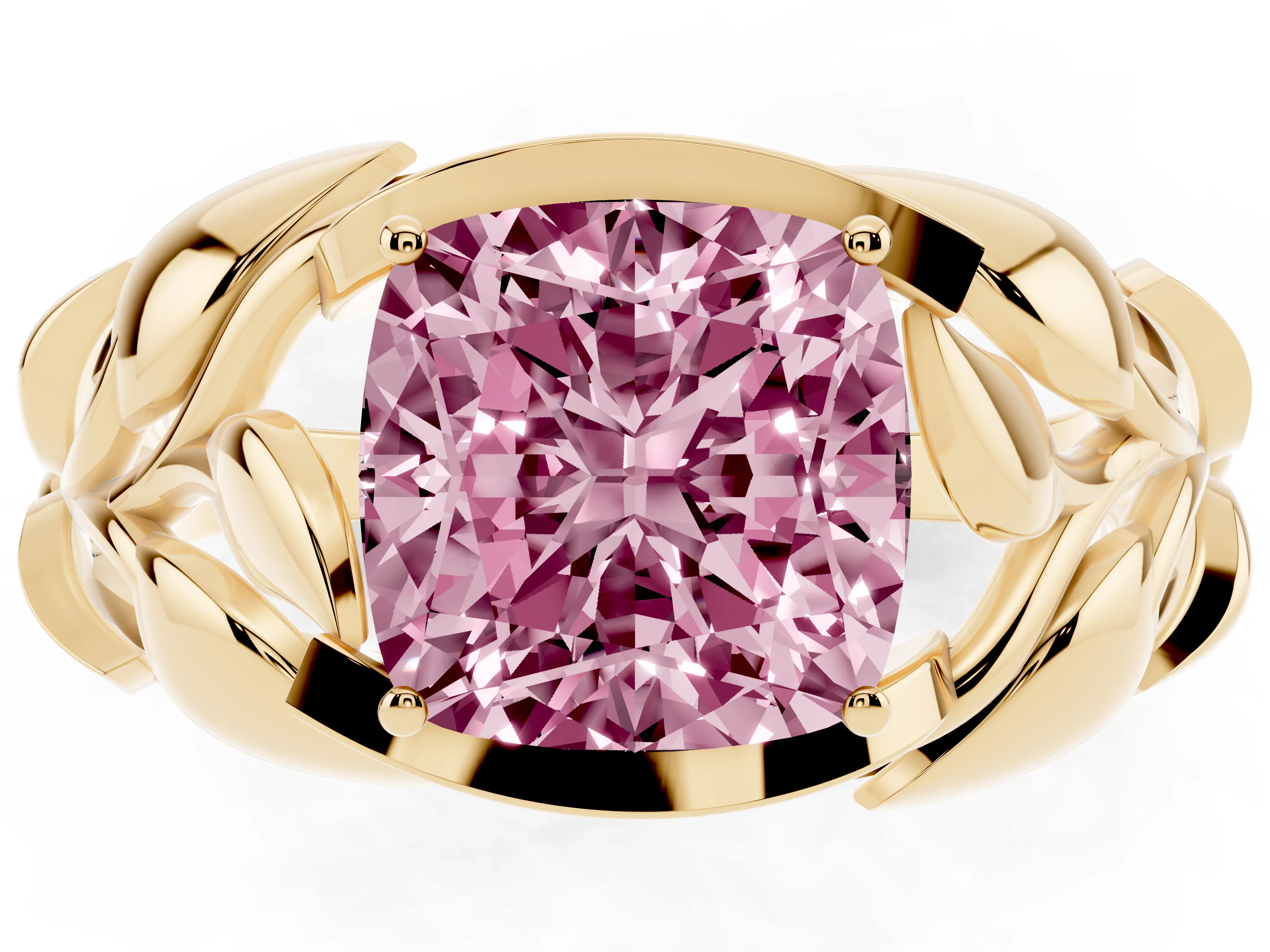 Fancy Pink Cushion Cut Diamond Leaf-Inspired Engagement Ring Set in Yellow gold with Round Accents