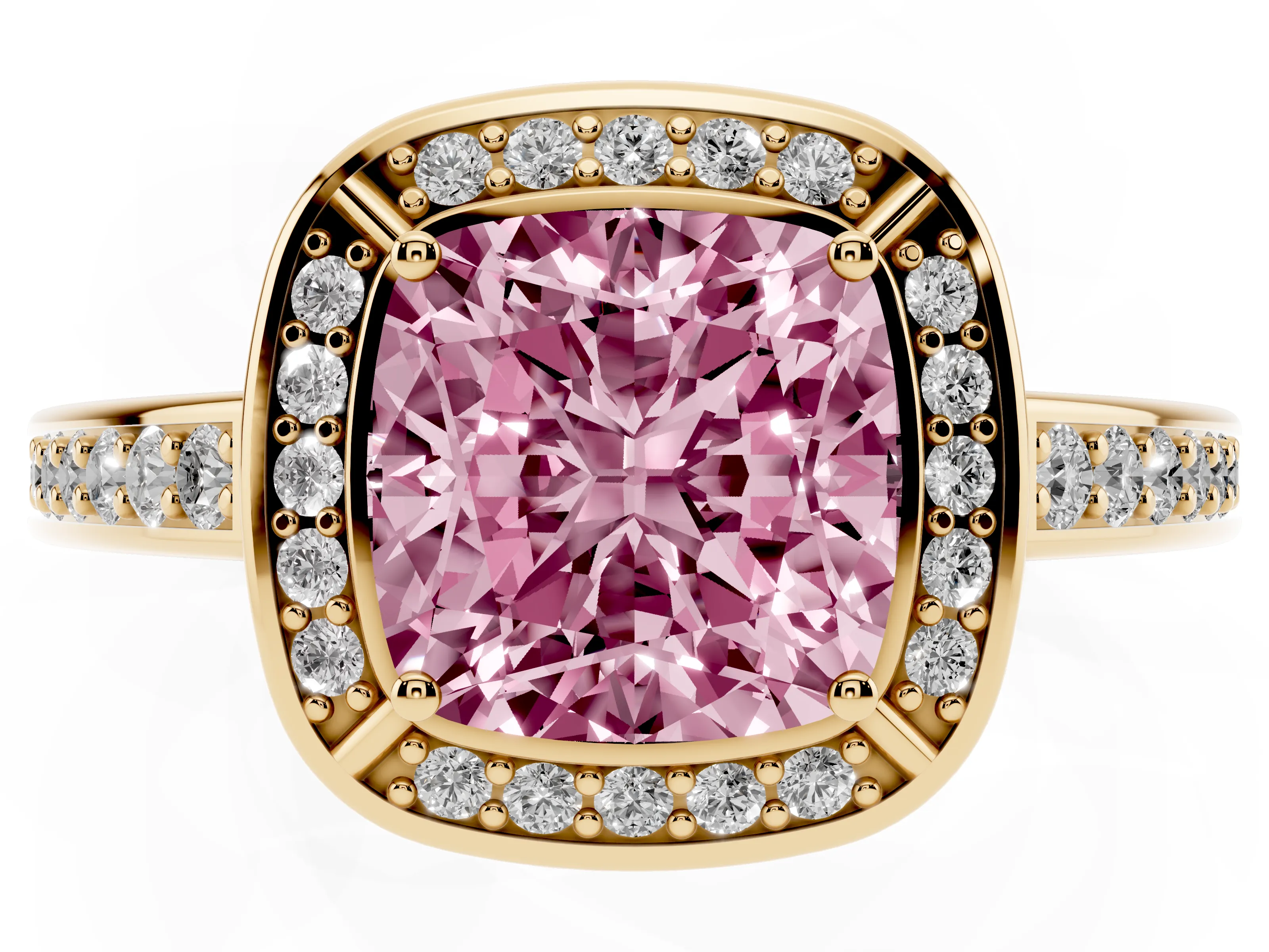 Fancy Pink Cushion Cut Diamond Halo Pavé Split Shank Ring Set in Yellow gold with Prong Setting
