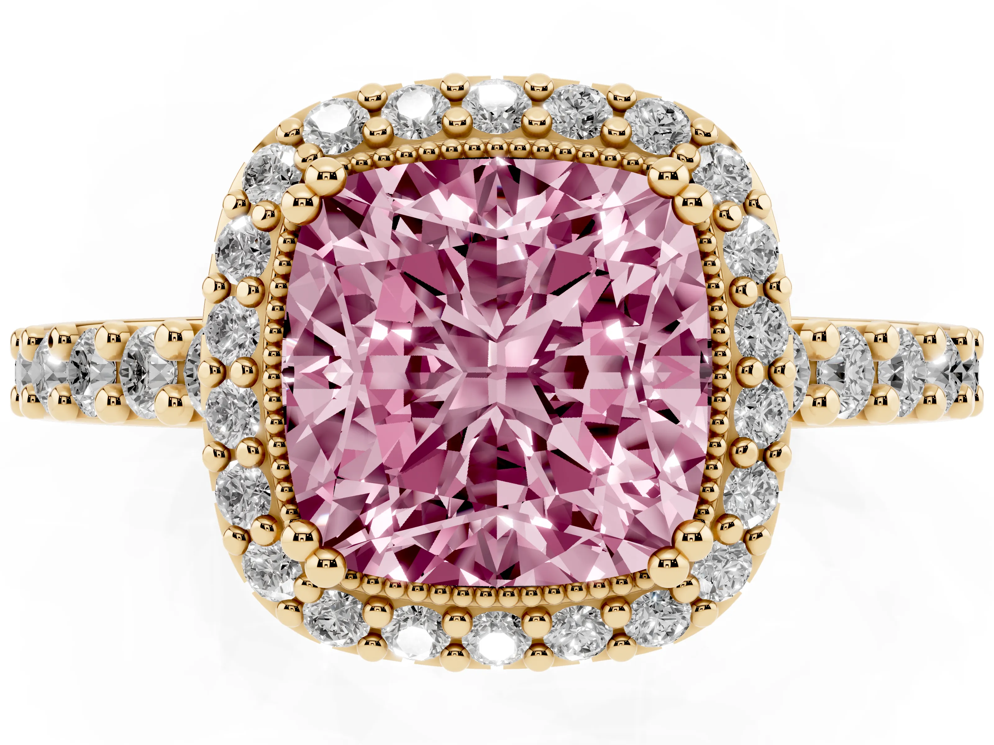 Fancy Pink Cushion Cut Diamond Halo Engagement Ring Set in Yellow gold with Milgrain Detail and Pavé Band