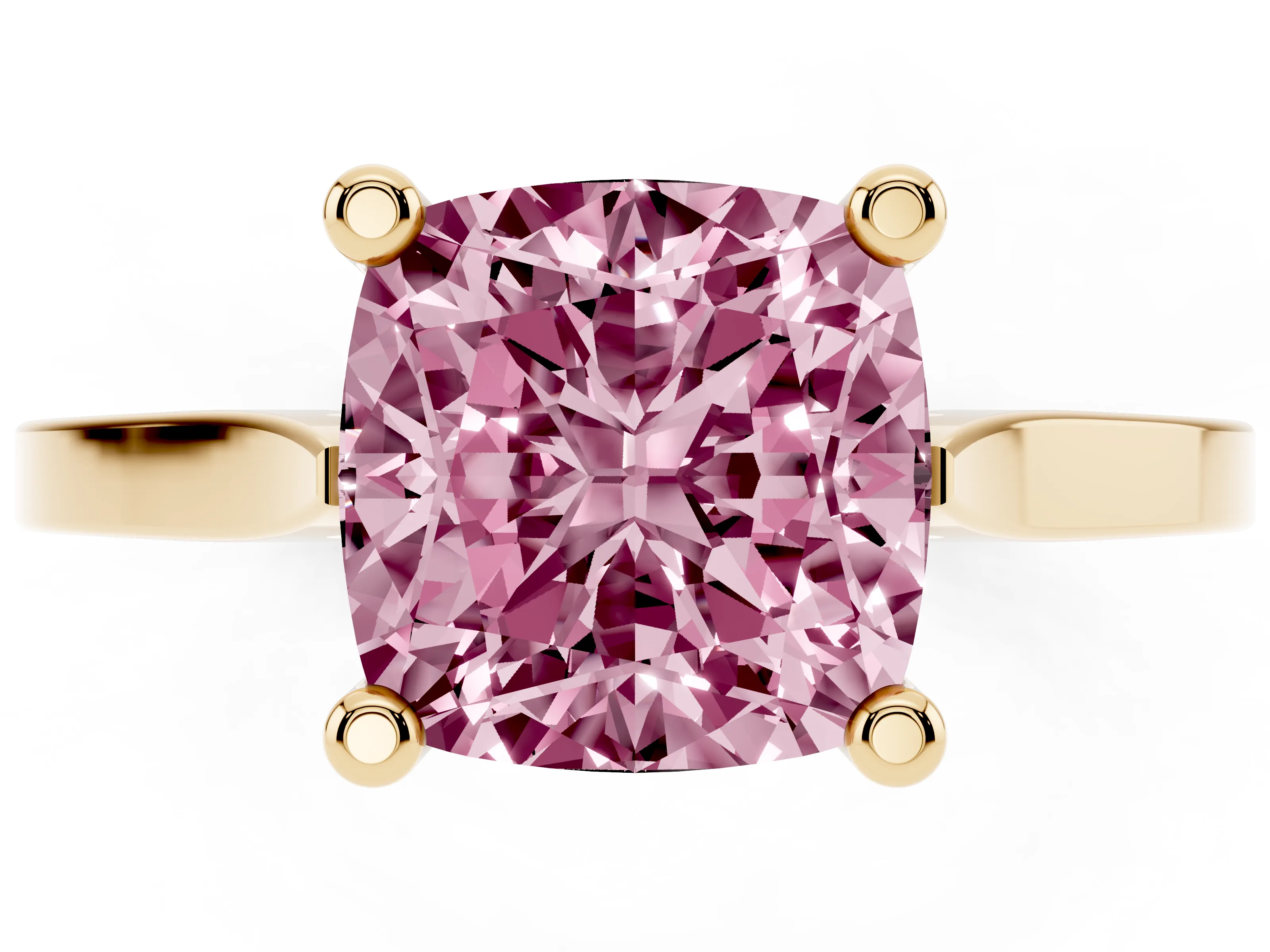 Fancy Pink Cushion Cut Diamond Solitaire Ring Set in Yellow gold with Prong Setting and Tapered Band