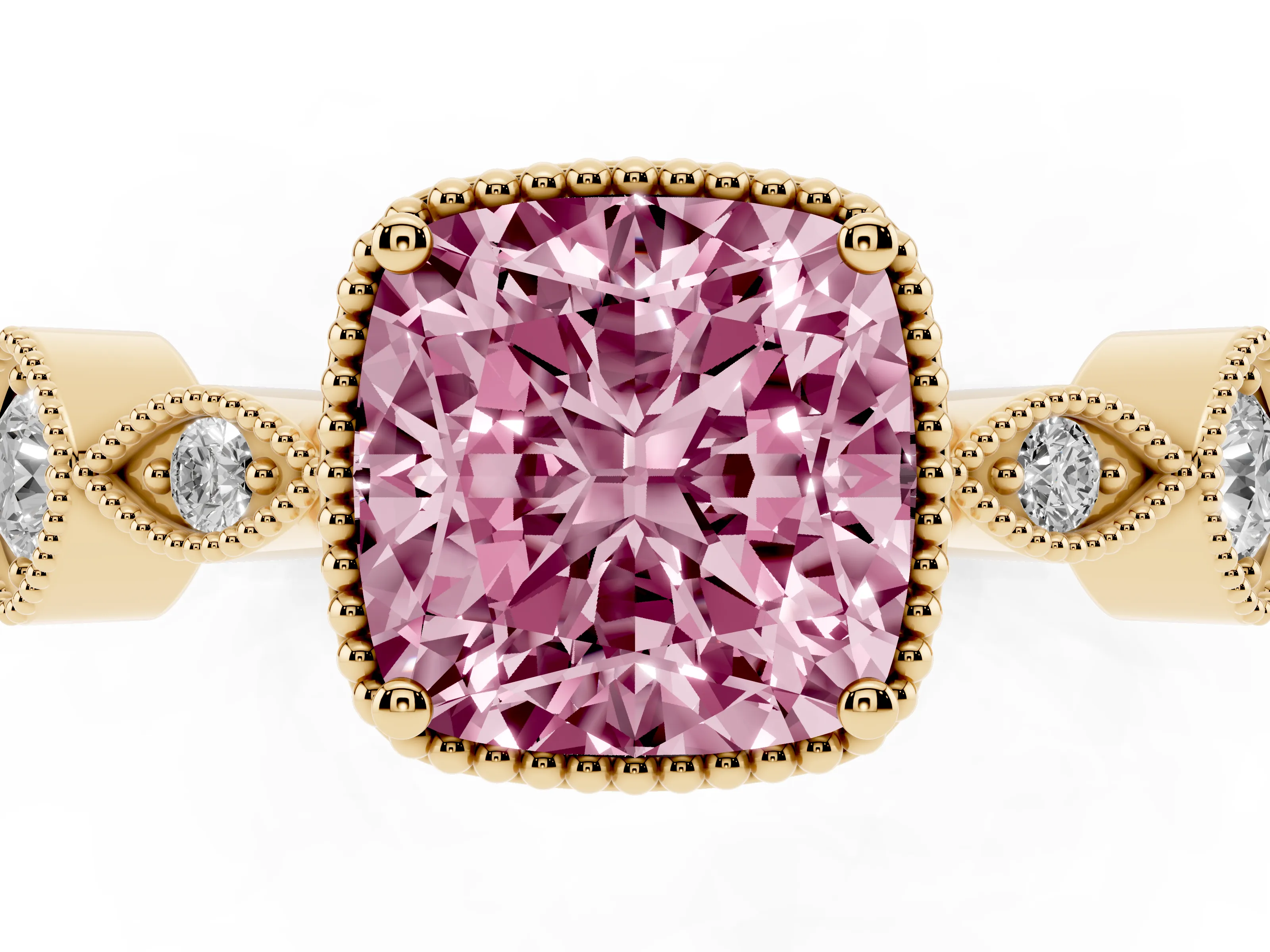 Fancy Pink Cushion Cut Diamond Vintage-Inspired Milgrain Ring Set in Yellow gold with Marquise Stations of Round Accents