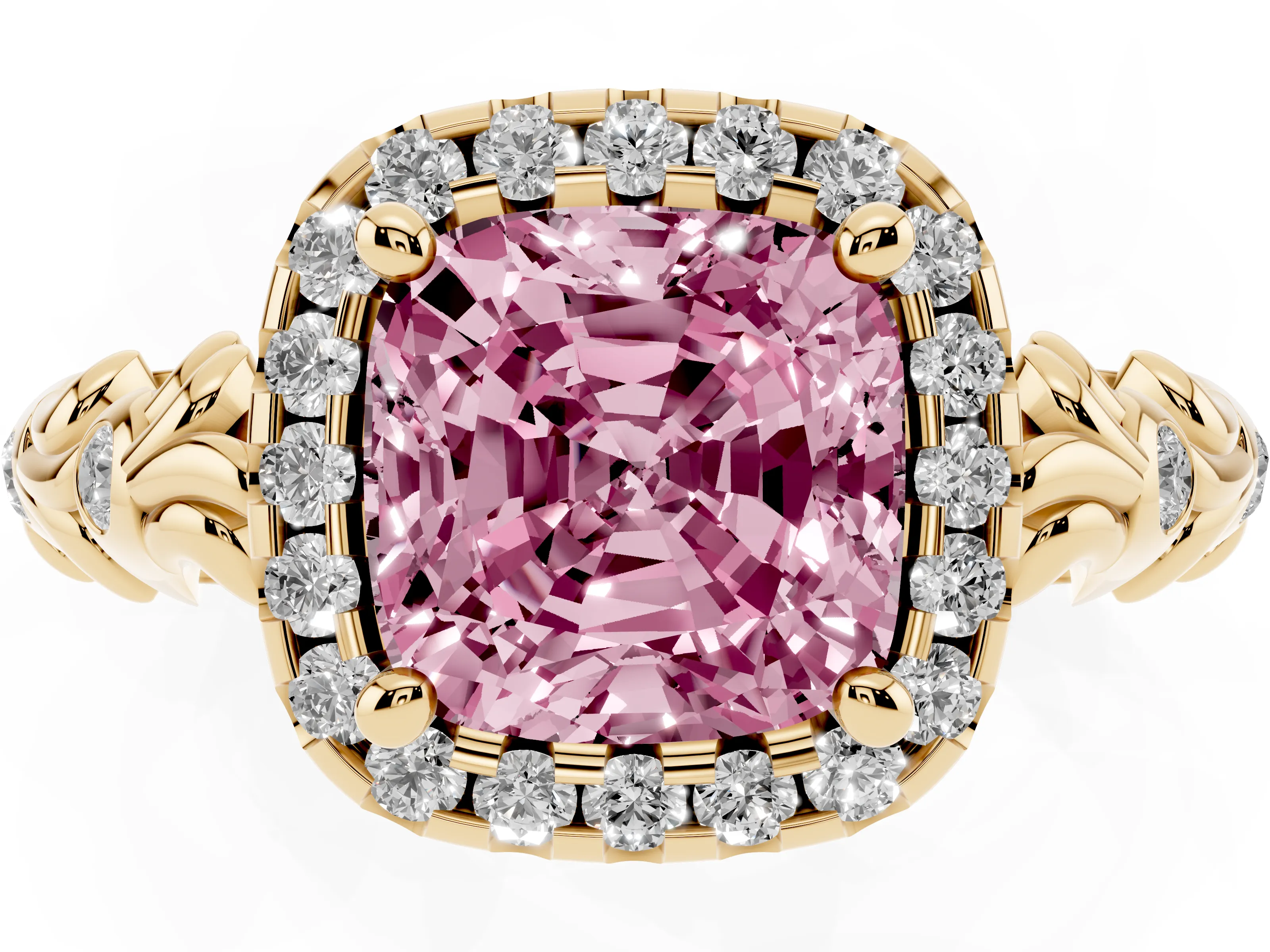 Fancy Pink Cushion Cut Diamond Halo Ring Set in Yellow gold with Filigree Leaf Band and Prong Setting