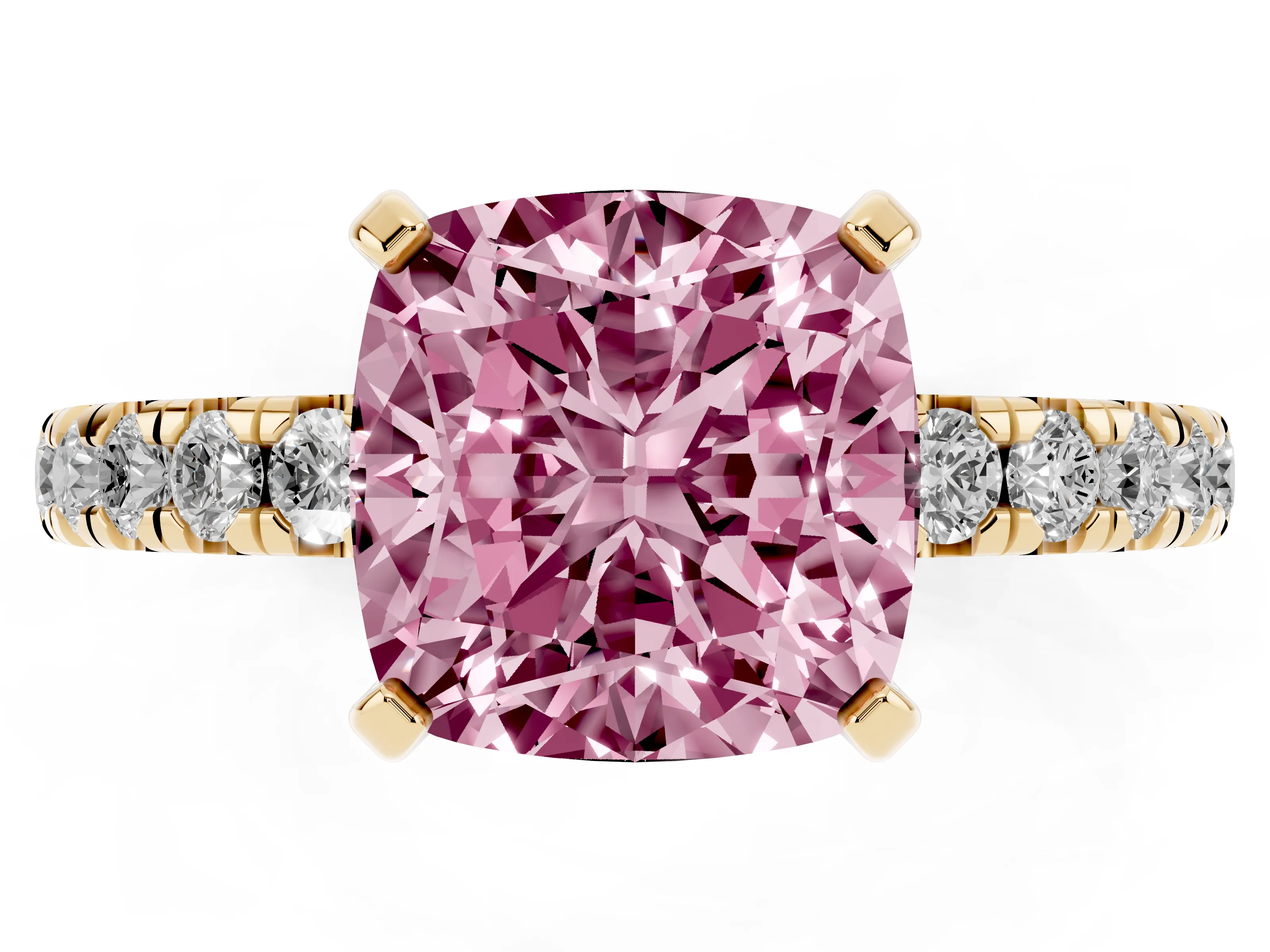 Fancy Pink Cushion Cut Diamond Pavé Solitaire Ring Set in Yellow gold with Round Band and Prong Setting