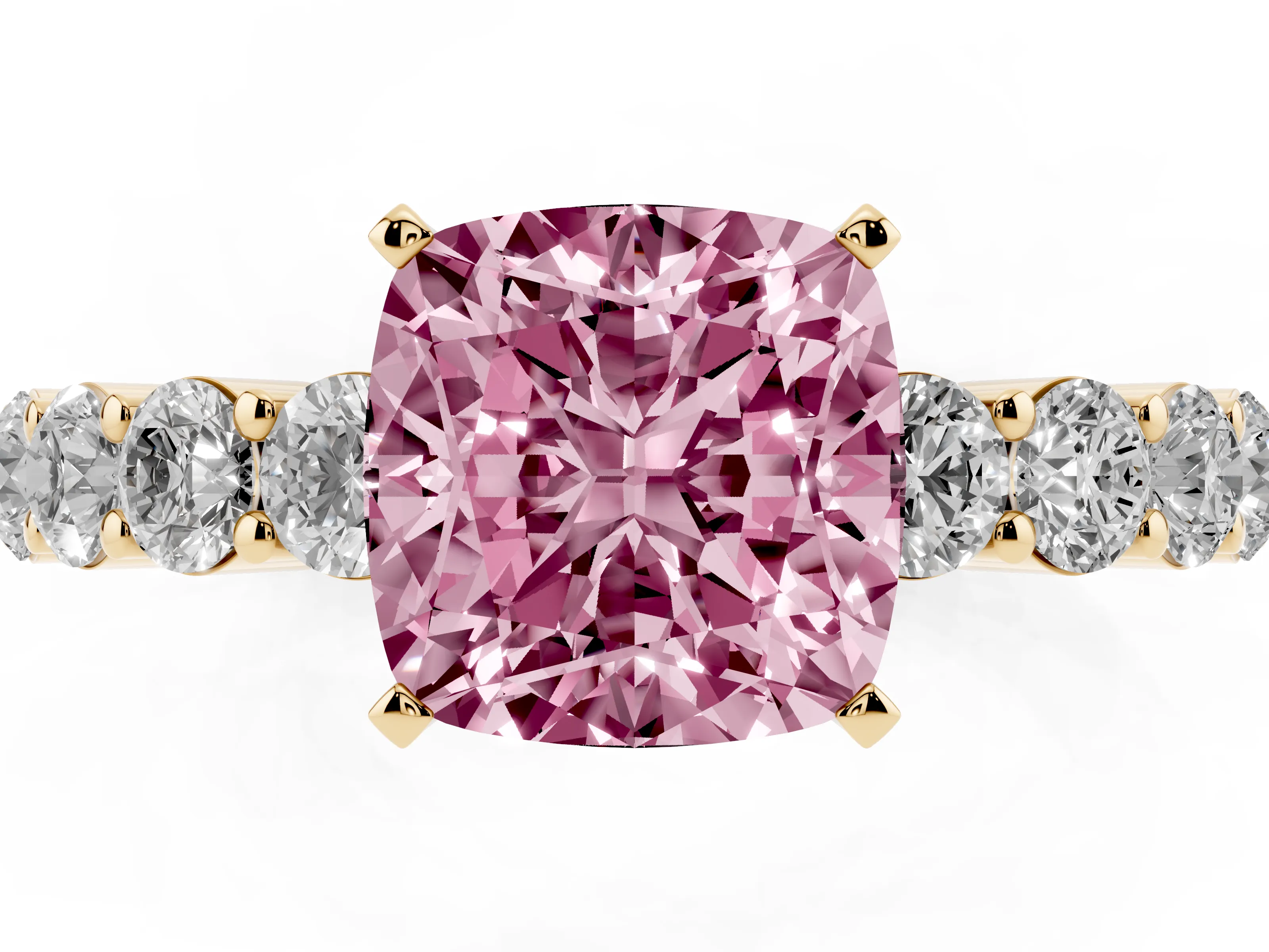 Fancy Pink Cushion Cut Diamond Solitaire Ring Set in Yellow gold with Shared Prong Round Side Stones