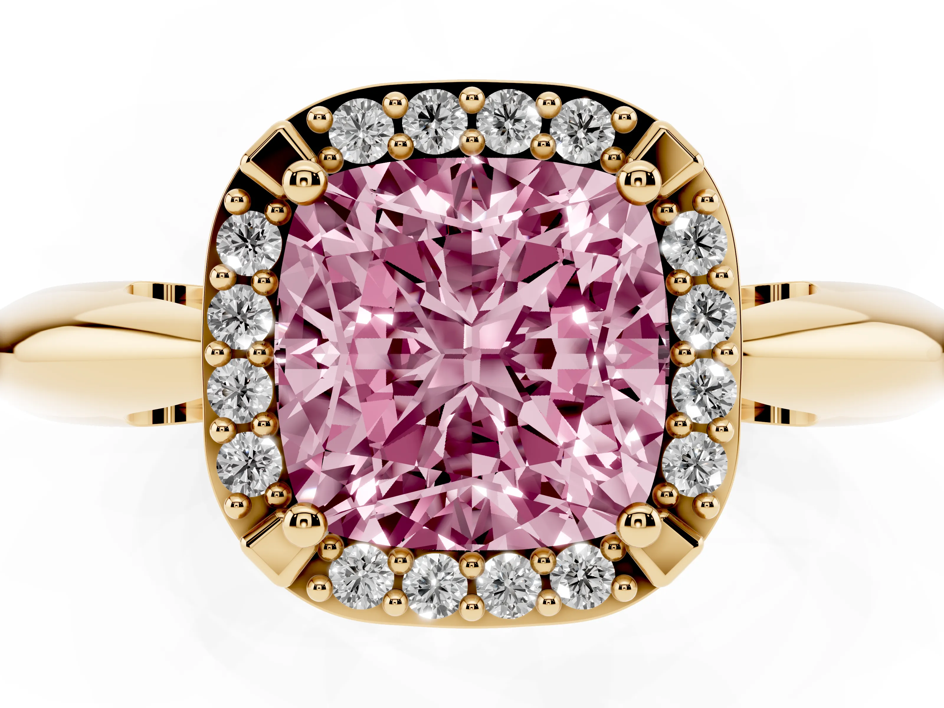 Fancy Pink Cushion Cut Diamond Halo Engagement Ring Set in Yellow gold with Plain Split Shank and Prong Setting