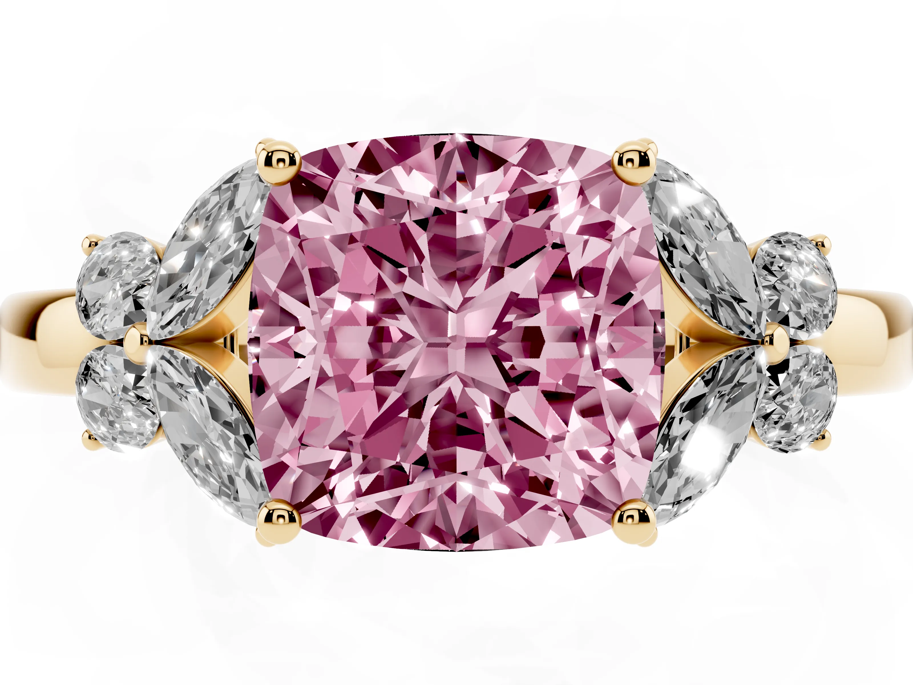 Fancy Pink Cushion Cut Diamond Solitaire Floral Ring Set in Yellow gold with Marquise Petals and Prong Setting