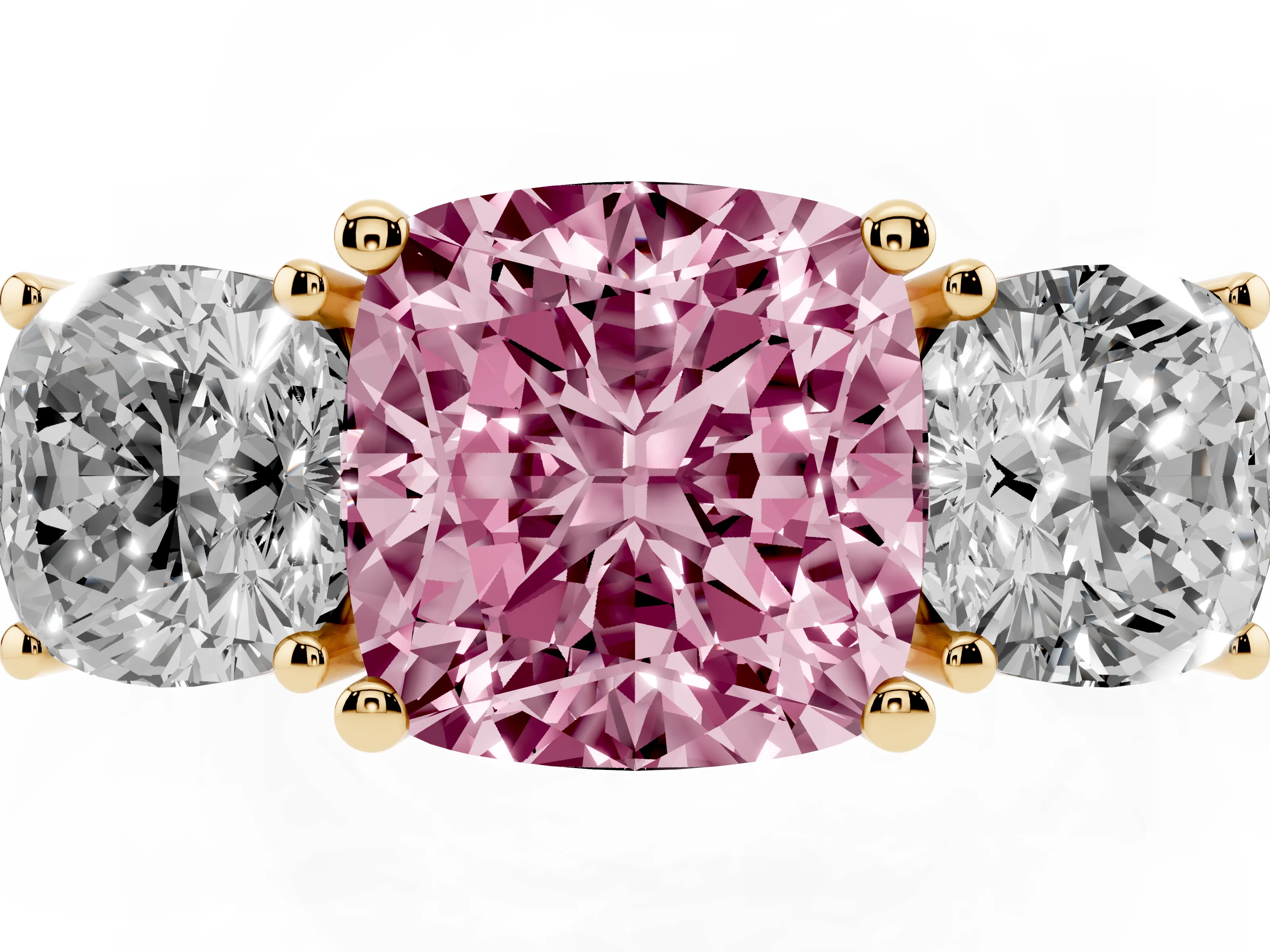 Fancy Pink Cushion Cut Diamond Three-Stone Engagement Ring Set in Yellow gold with Flat Band
