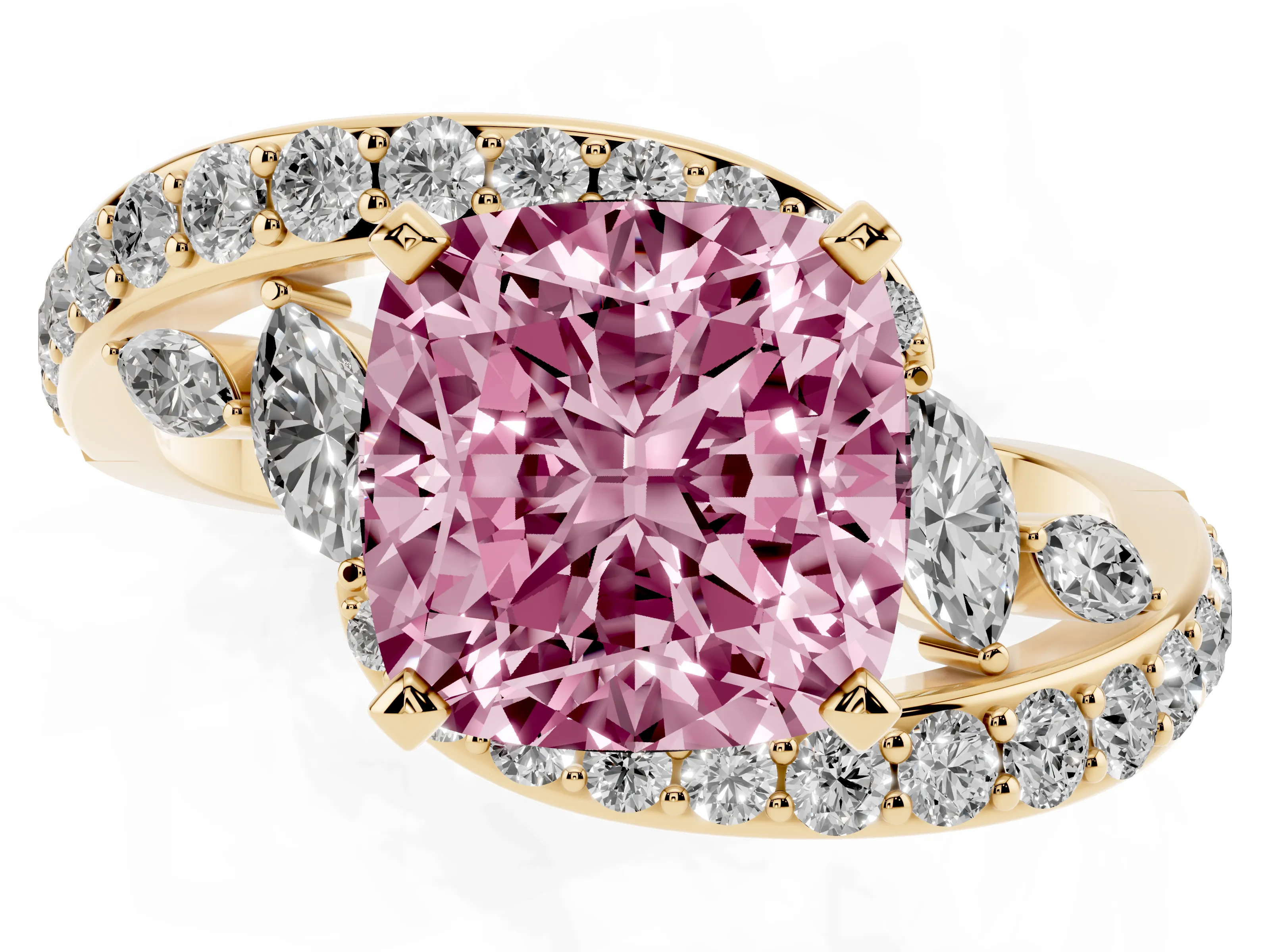 Fancy Pink Cushion Cut Diamond Solitaire Ring Set in Yellow gold with Filigree Band and Prong Setting