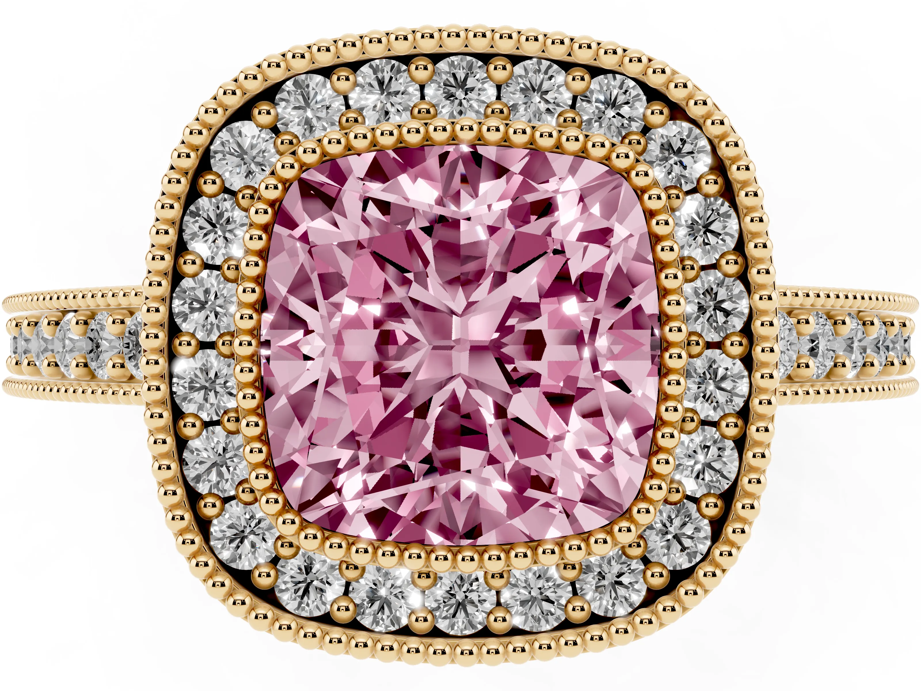 Fancy Pink Cushion Cut Diamond Halo Engagement Ring Set in Yellow gold with Pavé Band and Round Halo Stones