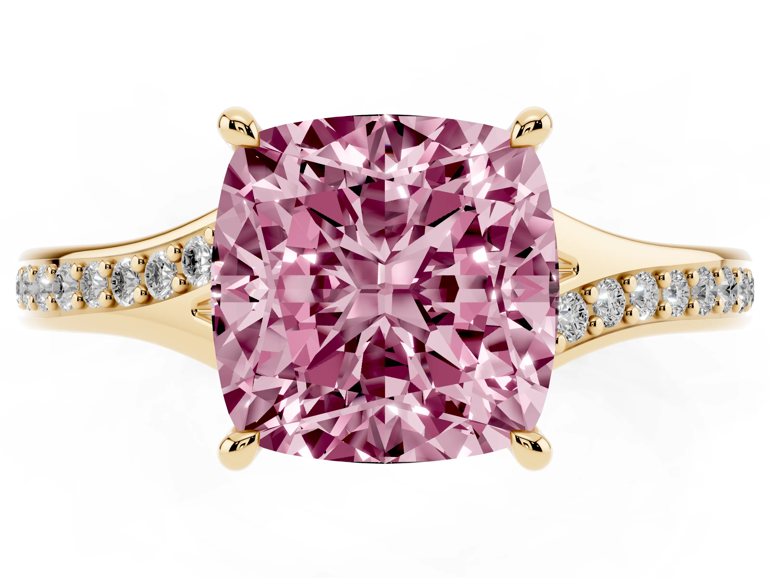 Fancy Pink Cushion Cut Diamond Solitaire Ring Set in Yellow gold with Pavé Accent Band and Classic Prong Setting