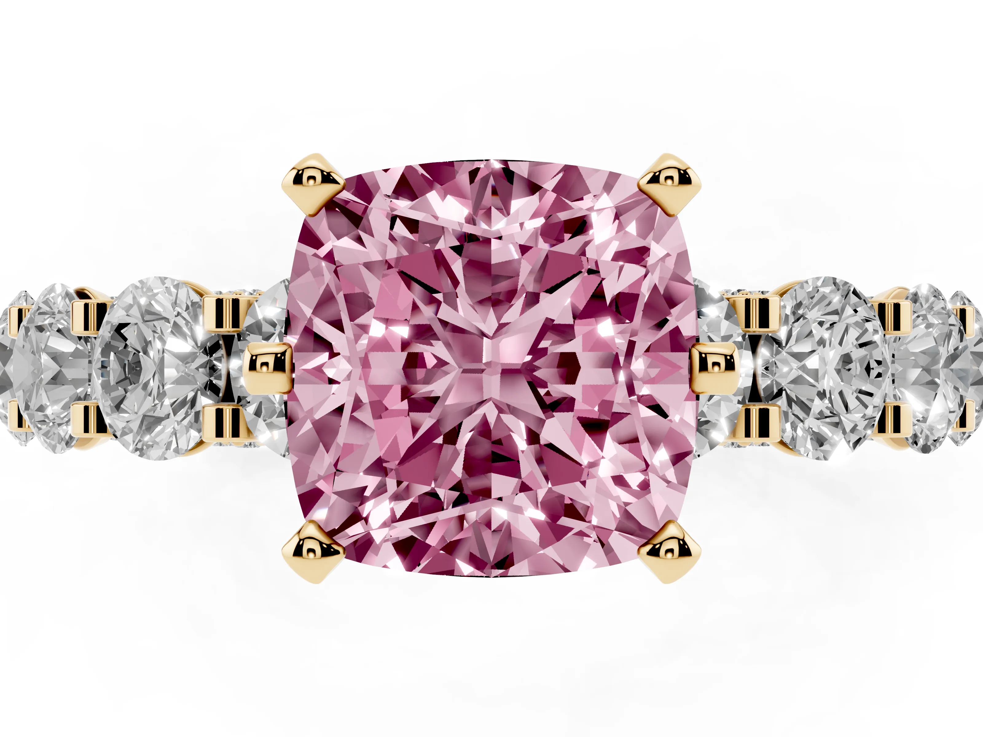 Fancy Pink Cushion Cut Diamond Side Stone Ring Set in Yellow gold with Alternating Round and Oval Side Stones
