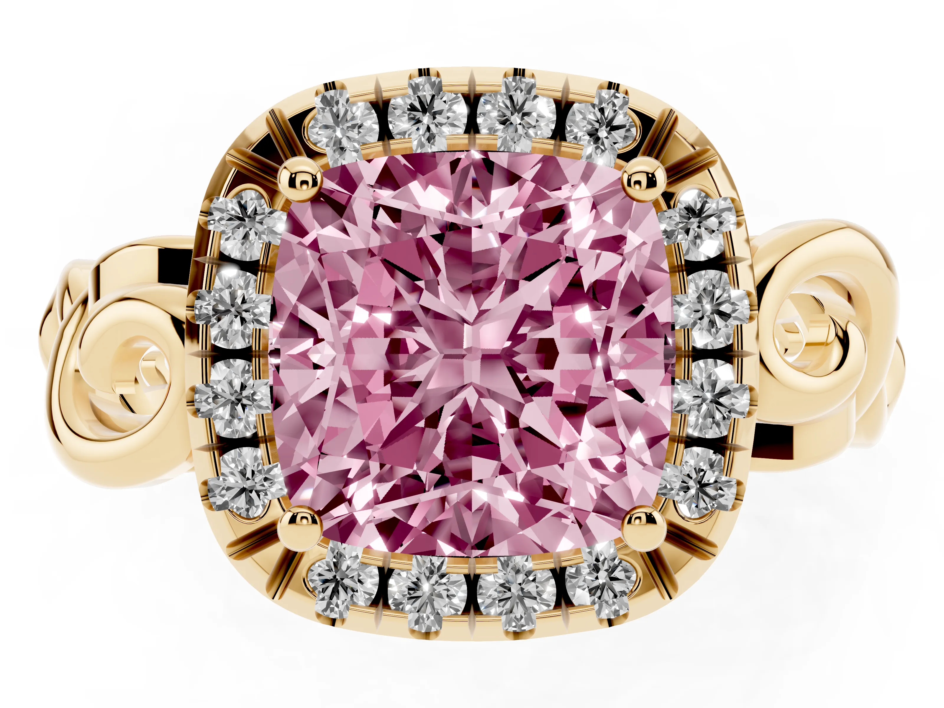 Fancy Pink Cushion Cut Diamond Halo Ring Set in Yellow gold with Scrollwork Band and Prong Setting