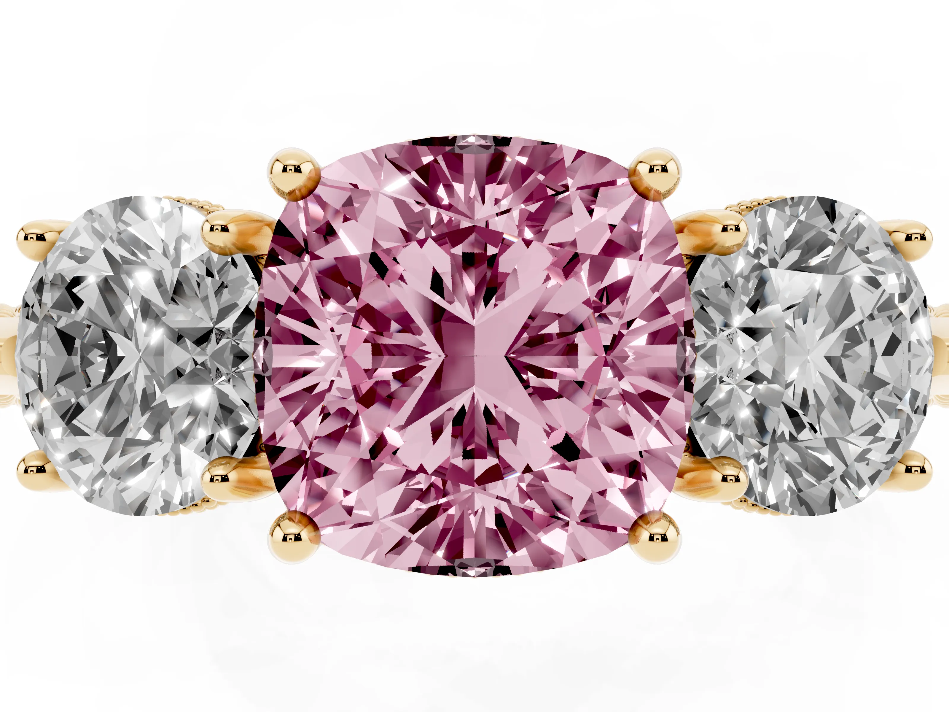 Fancy Pink Cushion Cut Diamond Three-Stone Ring Set in Yellow gold with Milgrain Band