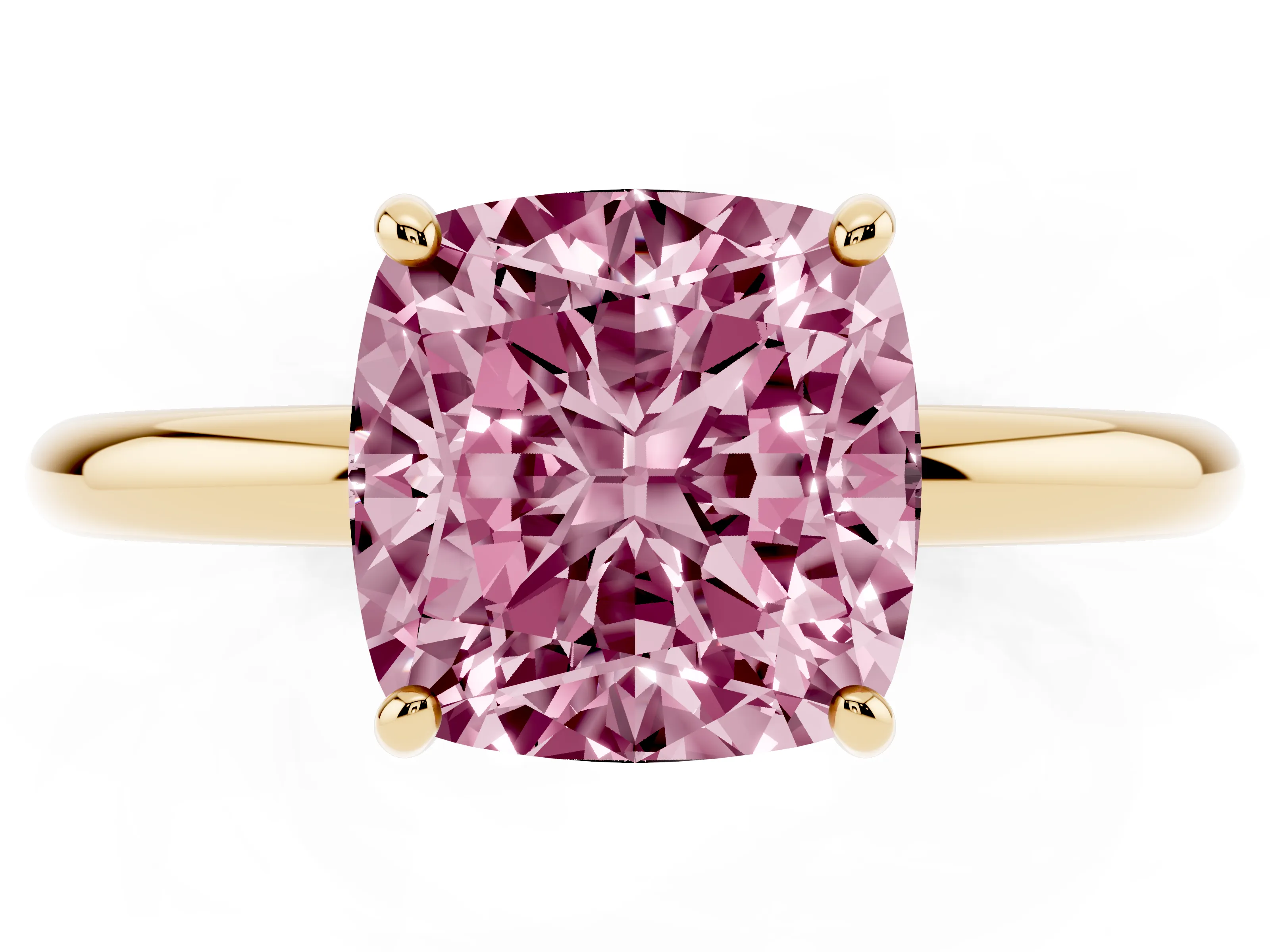 Fancy Pink Cushion Cut Diamond Solitaire Ring Set in Yellow gold with Prong Setting on a Polished Plain Band