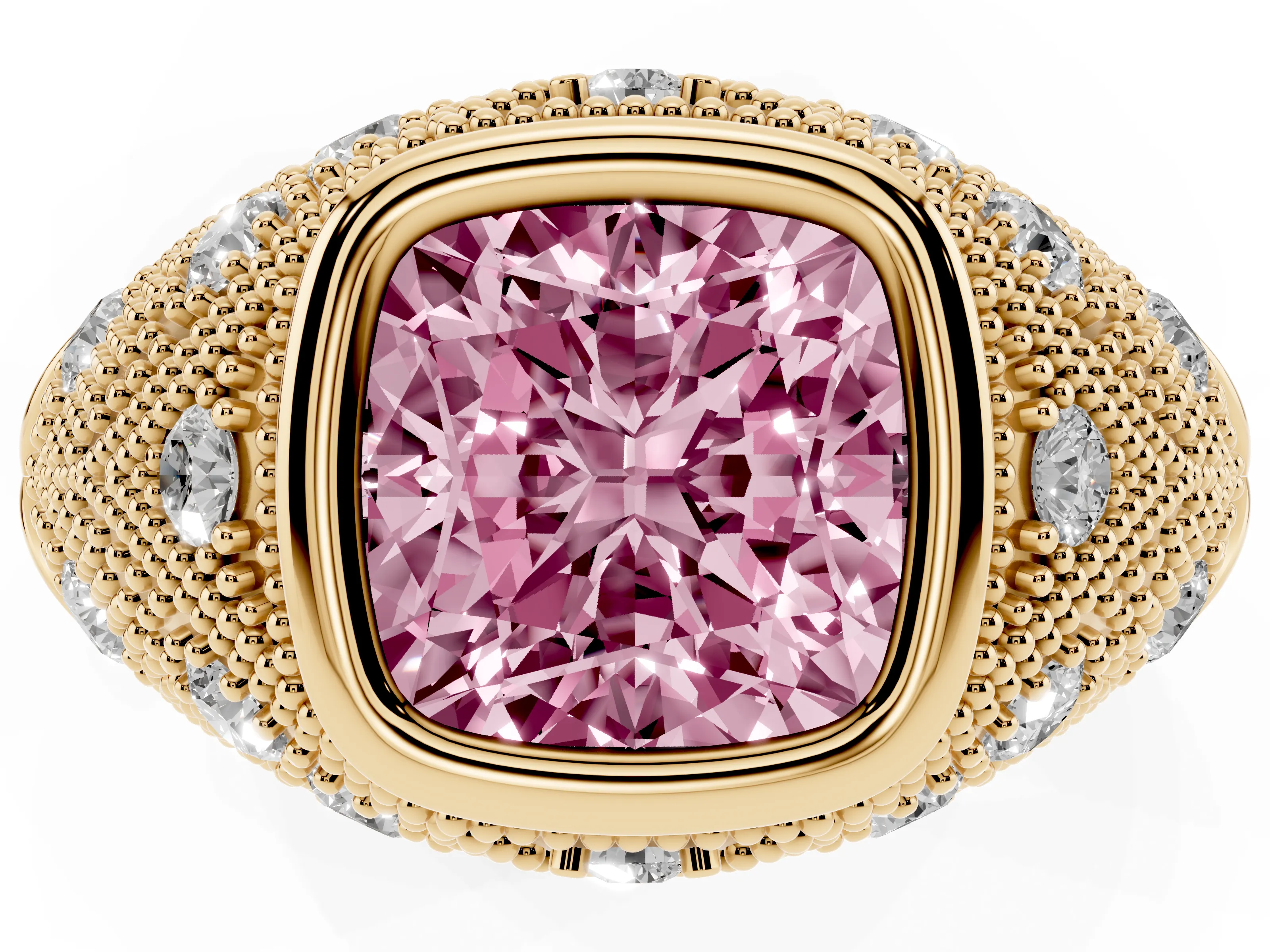 Fancy Pink Cushion Cut Diamond Bezel Ring Set in Yellow gold with Milgrain Accent Band