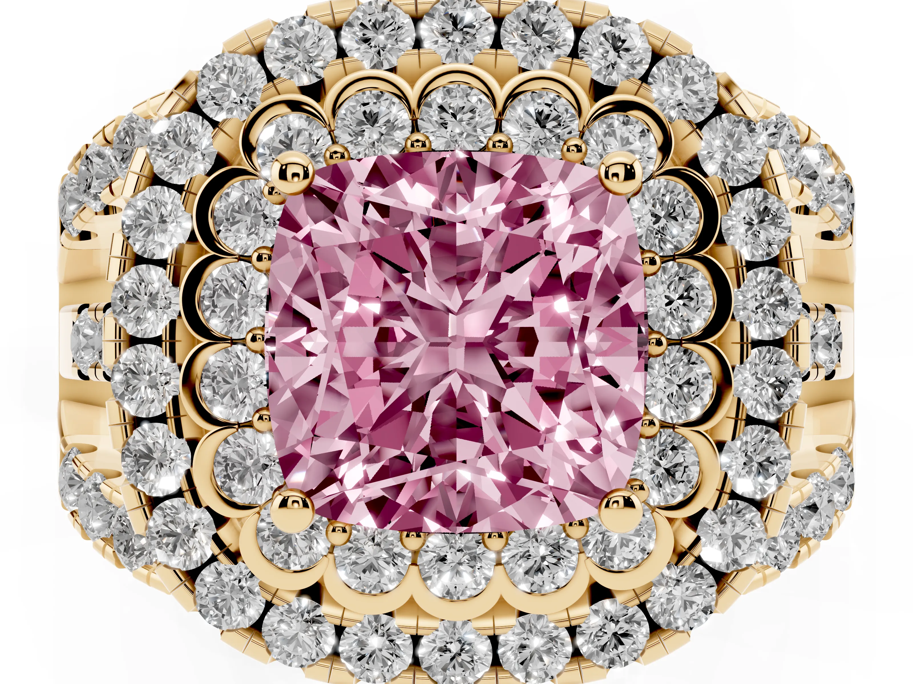 Fancy Pink Cushion Cut Diamond Double Halo Ring Set in Yellow gold with Round Pavé Split Shank