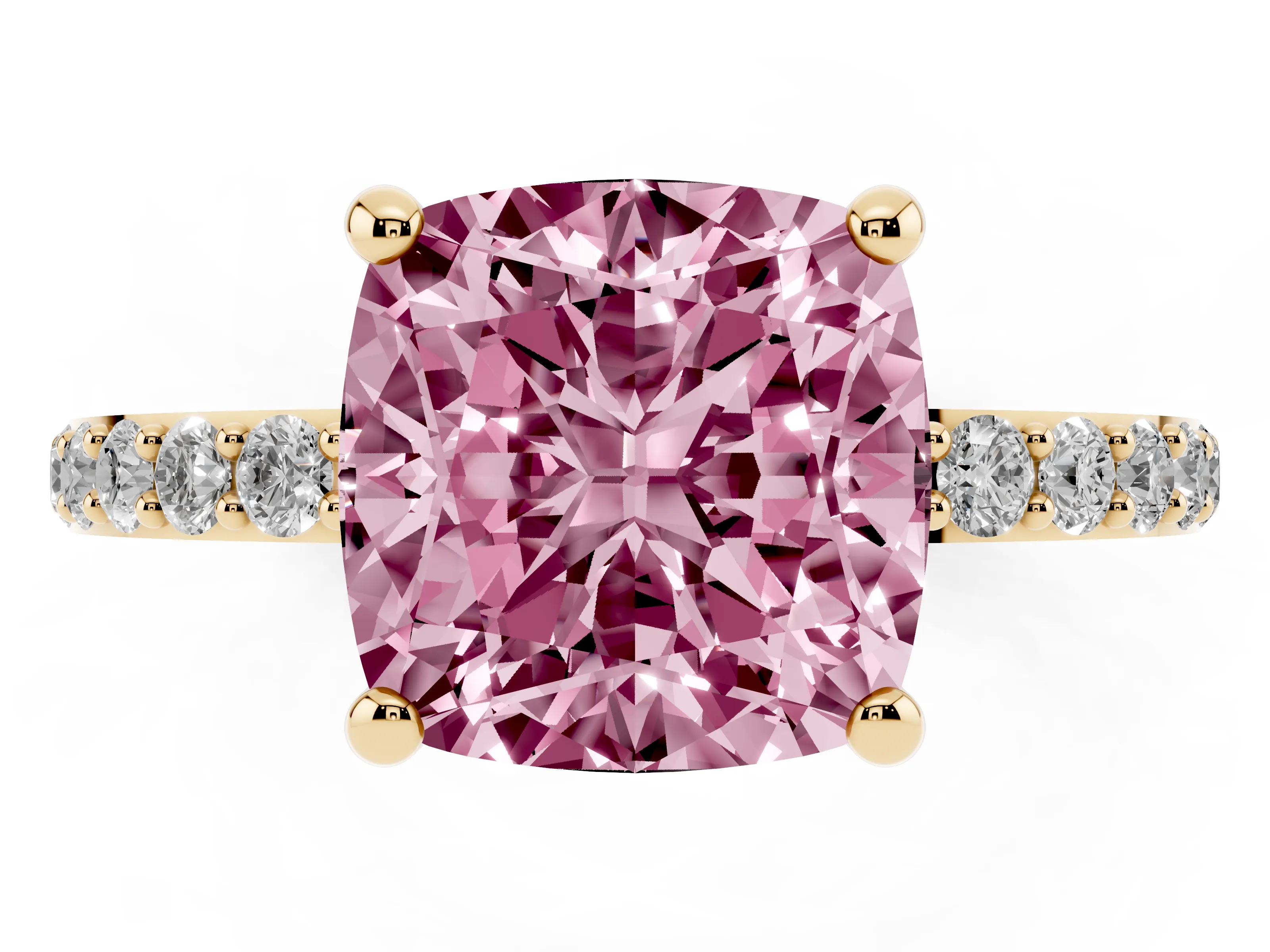 Fancy Pink Cushion Cut Diamond Solitaire Ring Set in Yellow gold with Round Pavé Band and Prong Setting