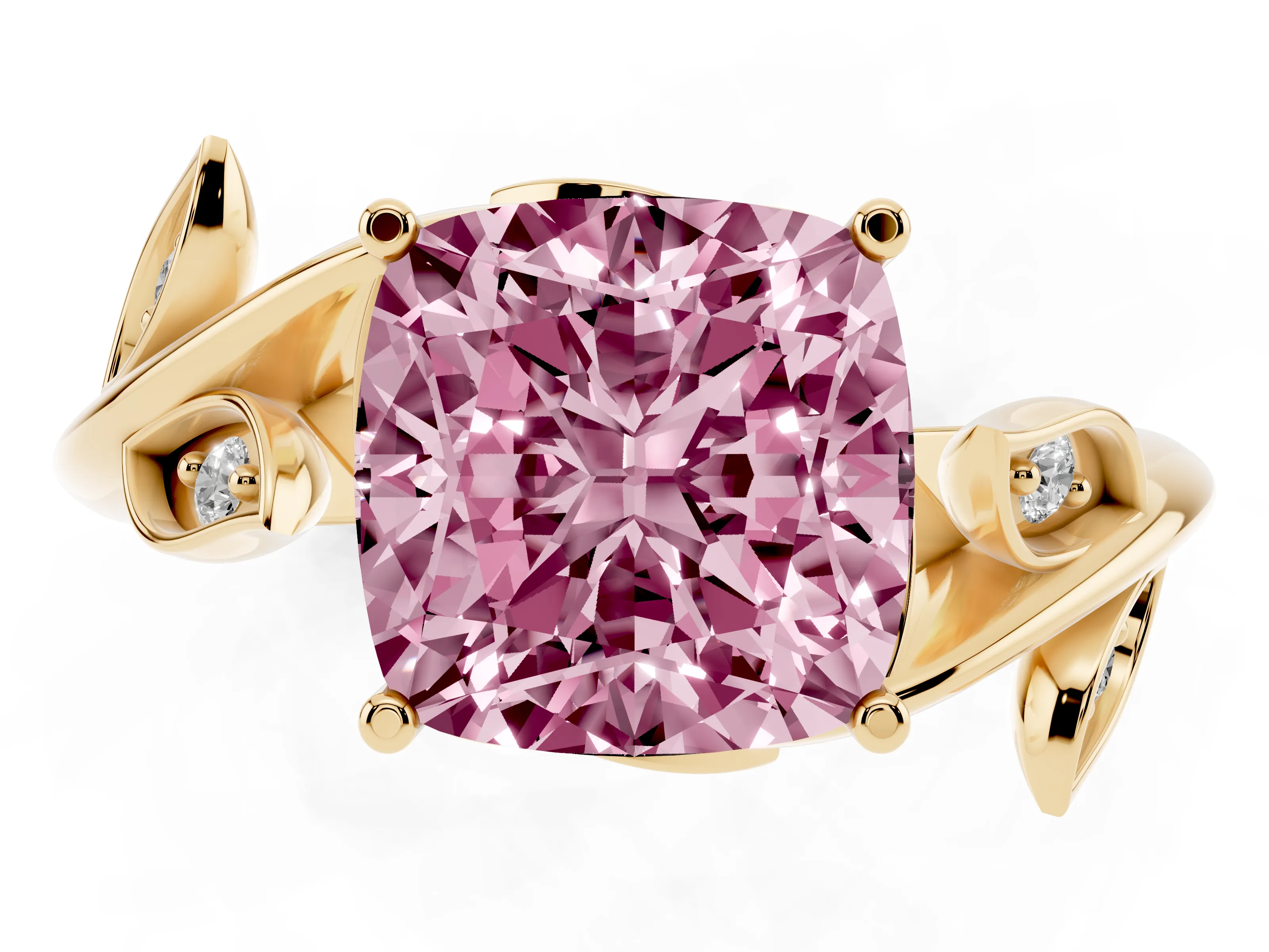 Fancy Pink Cushion Cut Diamond Solitaire Twist Engagement Ring Set in Yellow gold with Pavé Leaf Accents