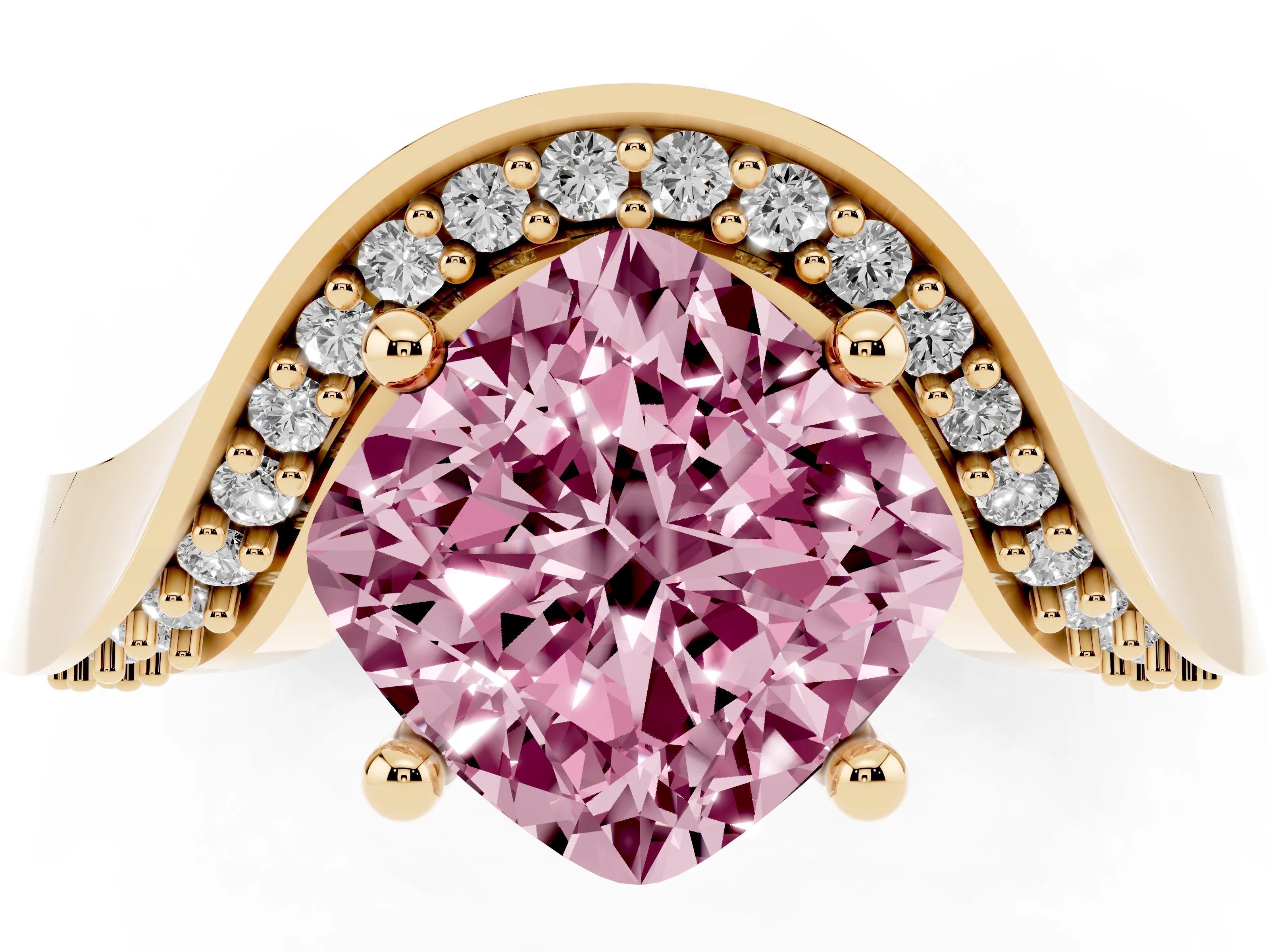 Fancy Pink Cushion Cut Diamond Solitaire Engagement Ring Set in Yellow gold with Pavé Shoulders