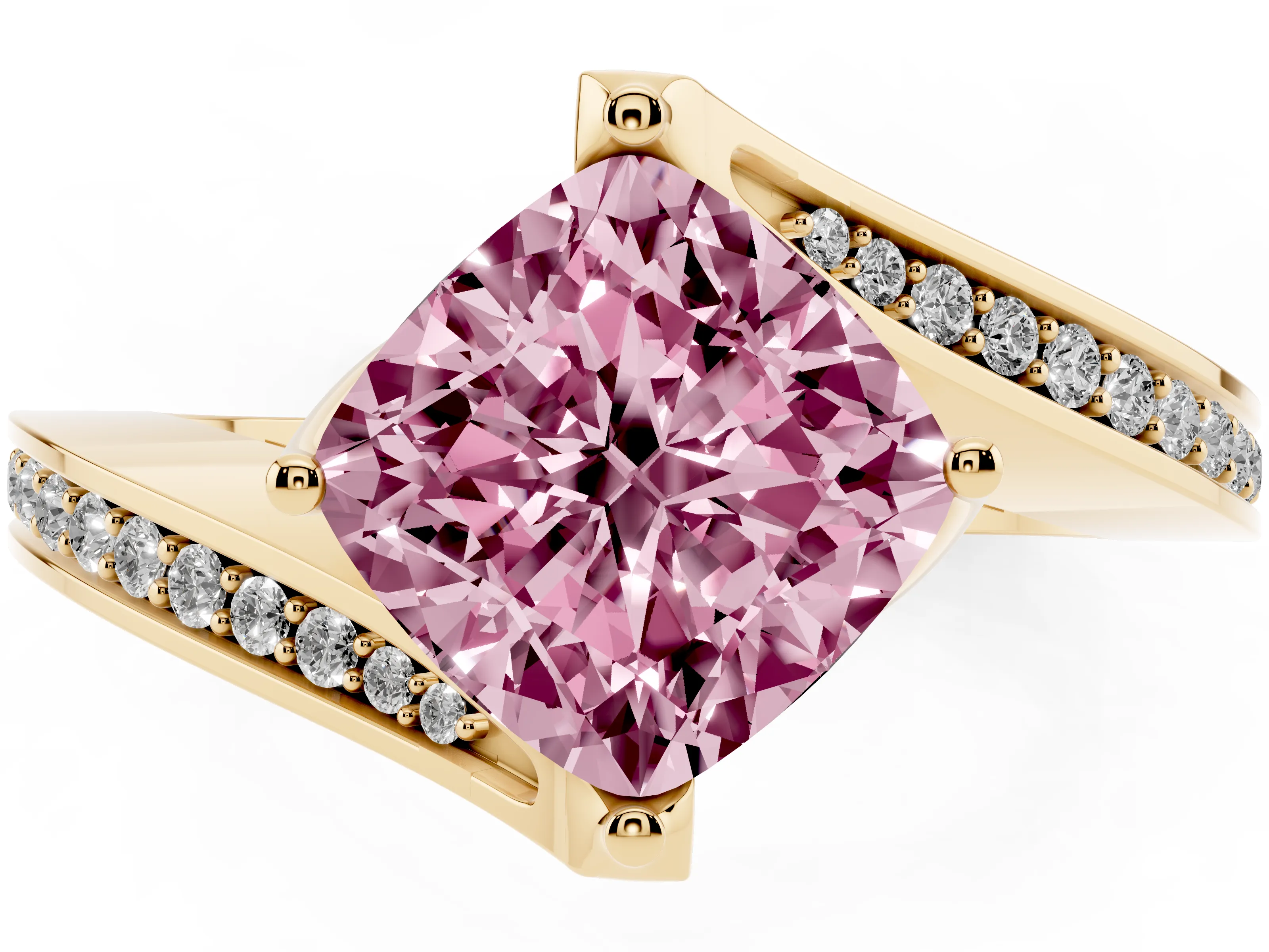 Fancy Pink Cushion Cut Diamond Solitaire Ring Set in Yellow gold with Intertwined Pavé Twist Band