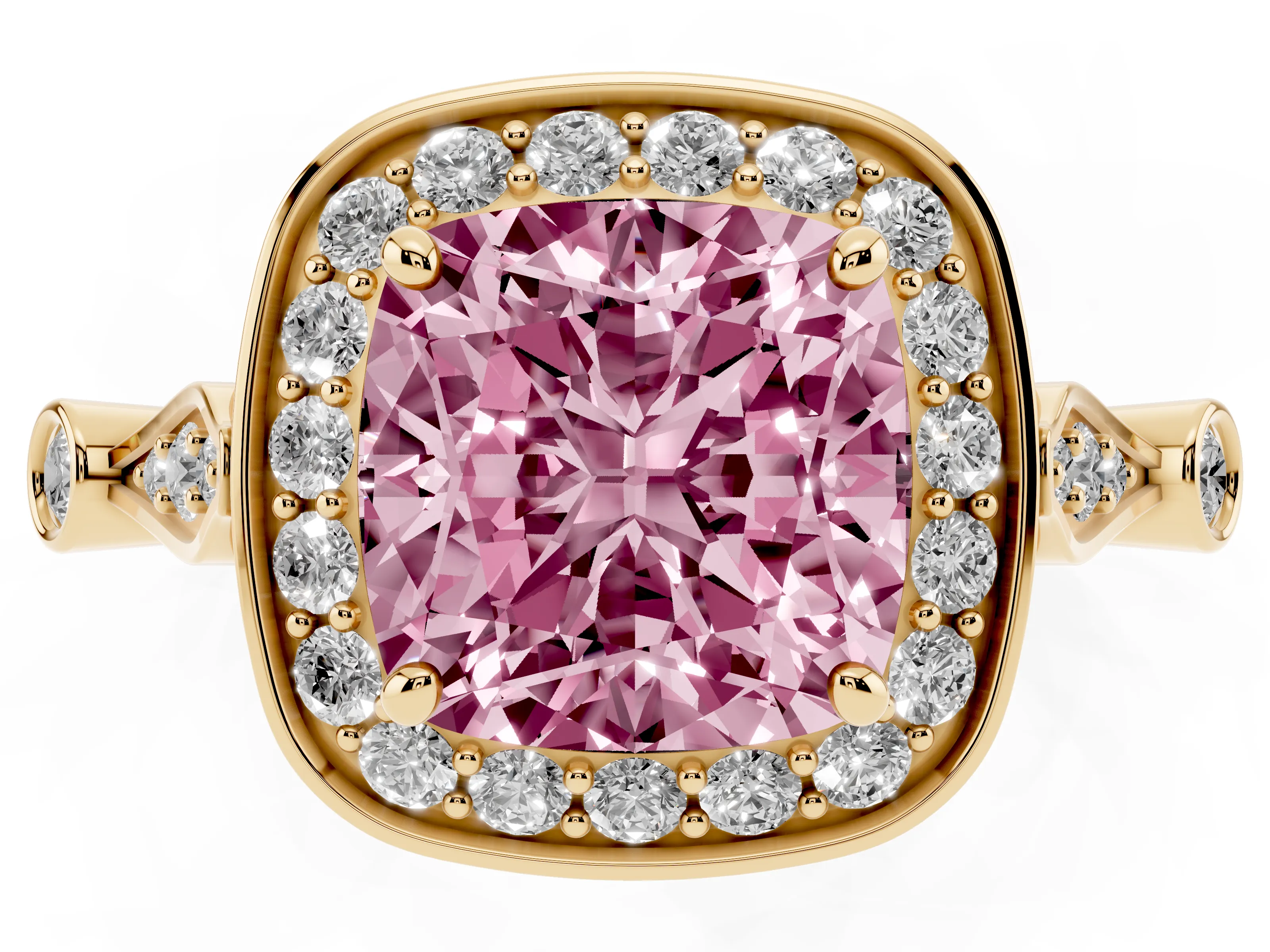 Fancy Pink Cushion Cut Diamond Halo Engagement Ring Set in Yellow gold with Twisted Band and Prong Setting
