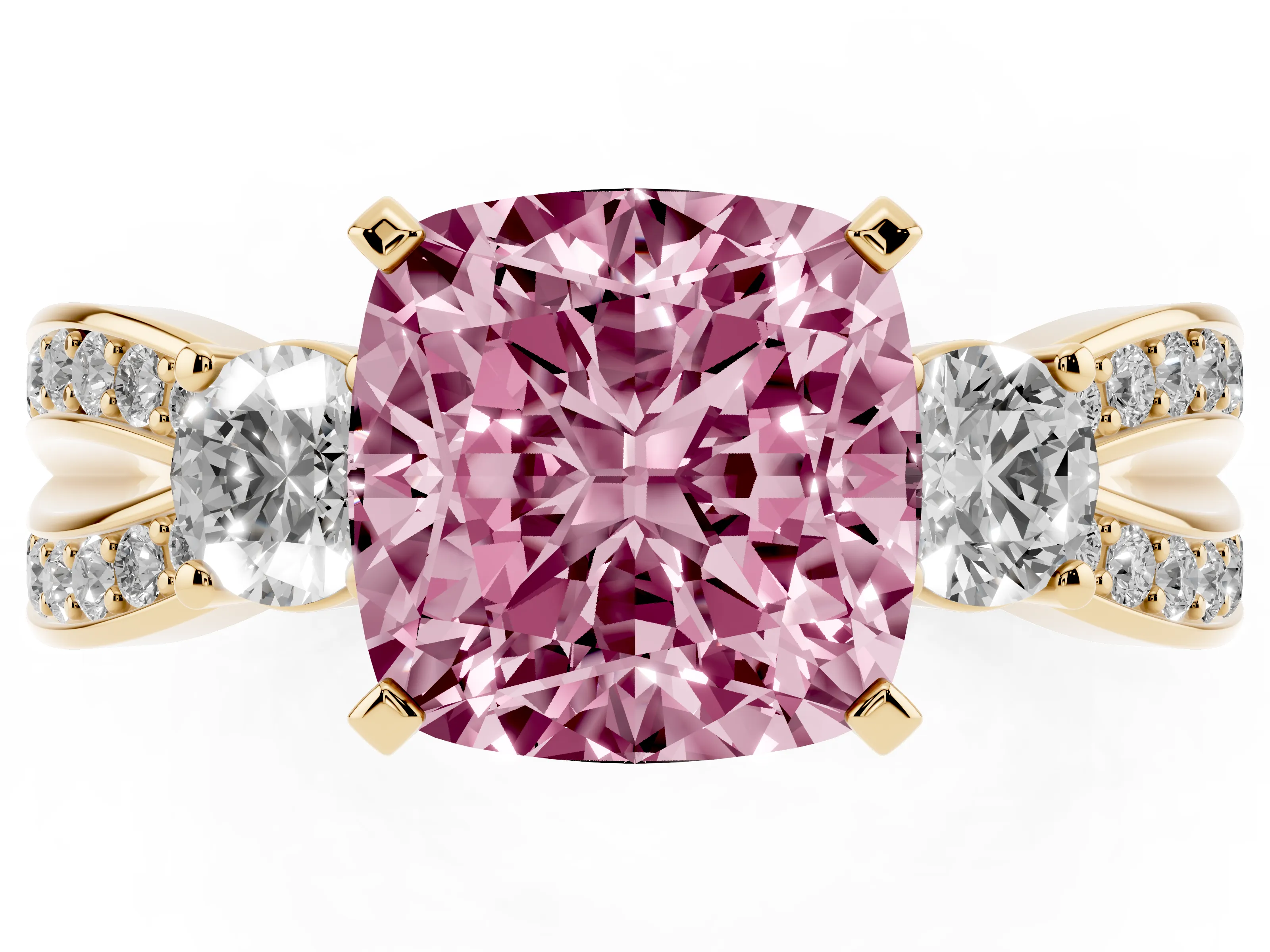 Fancy Pink Three-Stone Cushion Cut Diamond Twist Band Ring Set in Yellow gold with Pavé Accents and Prong Setting