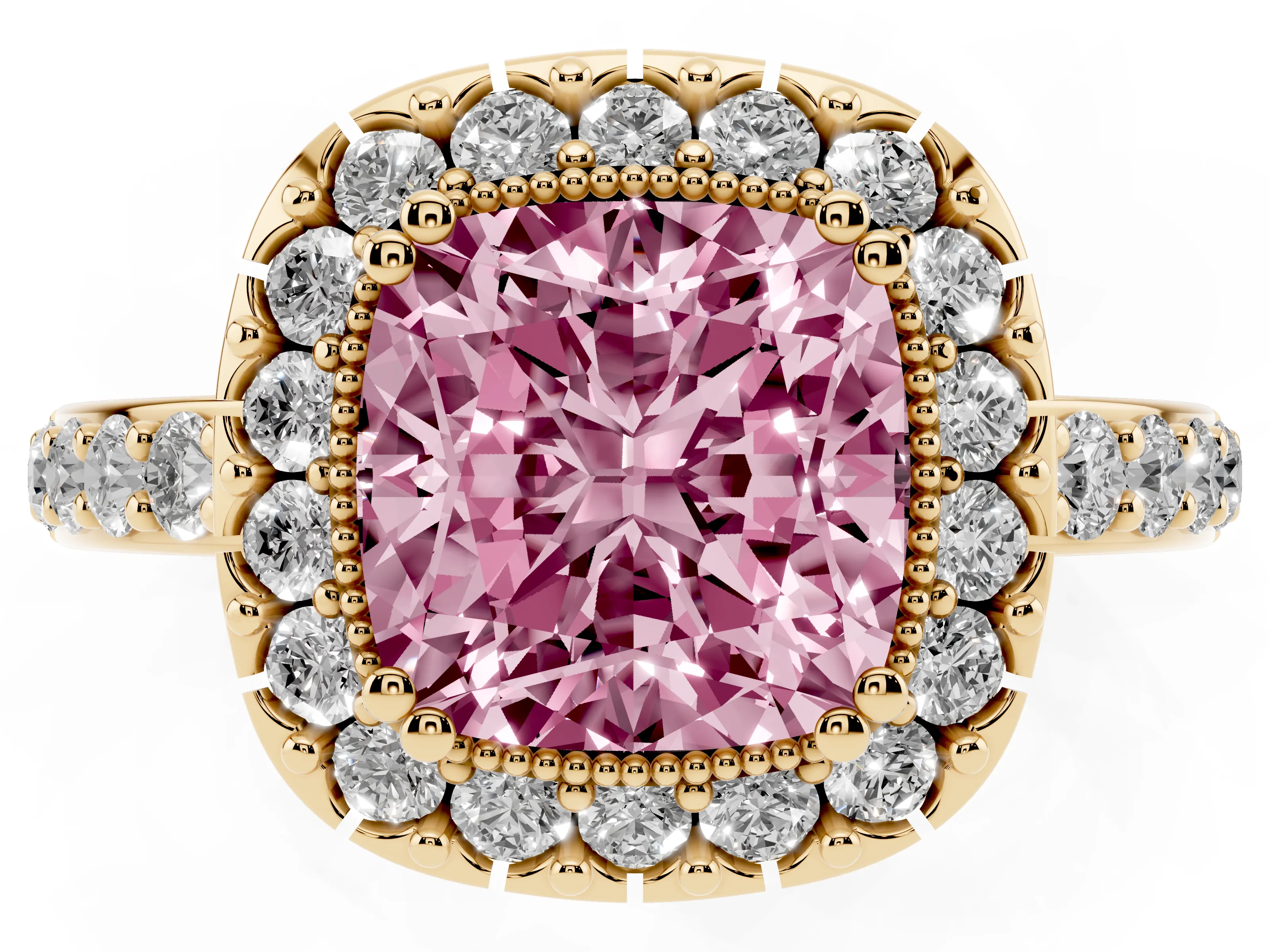 Fancy Pink Cushion Cut Diamond Halo Ring Set in Yellow gold with Pavé Shank and Prong Setting
