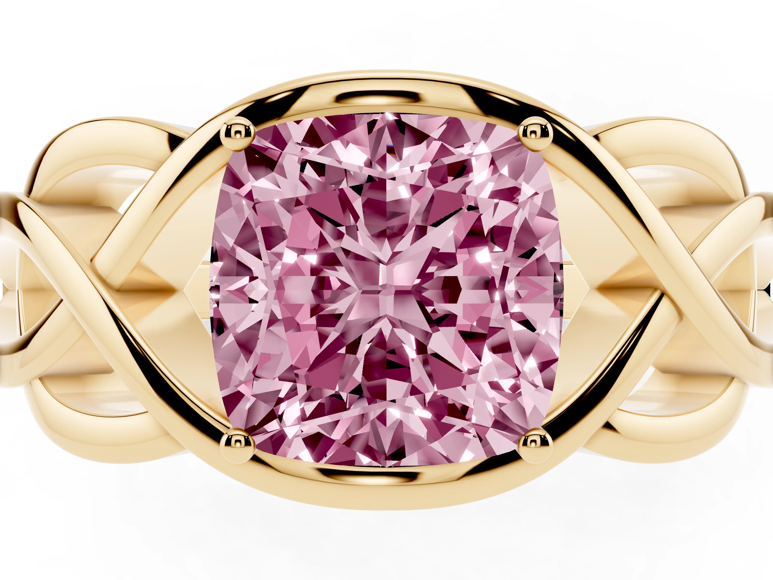 Fancy Pink Cushion Cut Diamond Solitaire Ring Set in Yellow gold with Intertwined Band