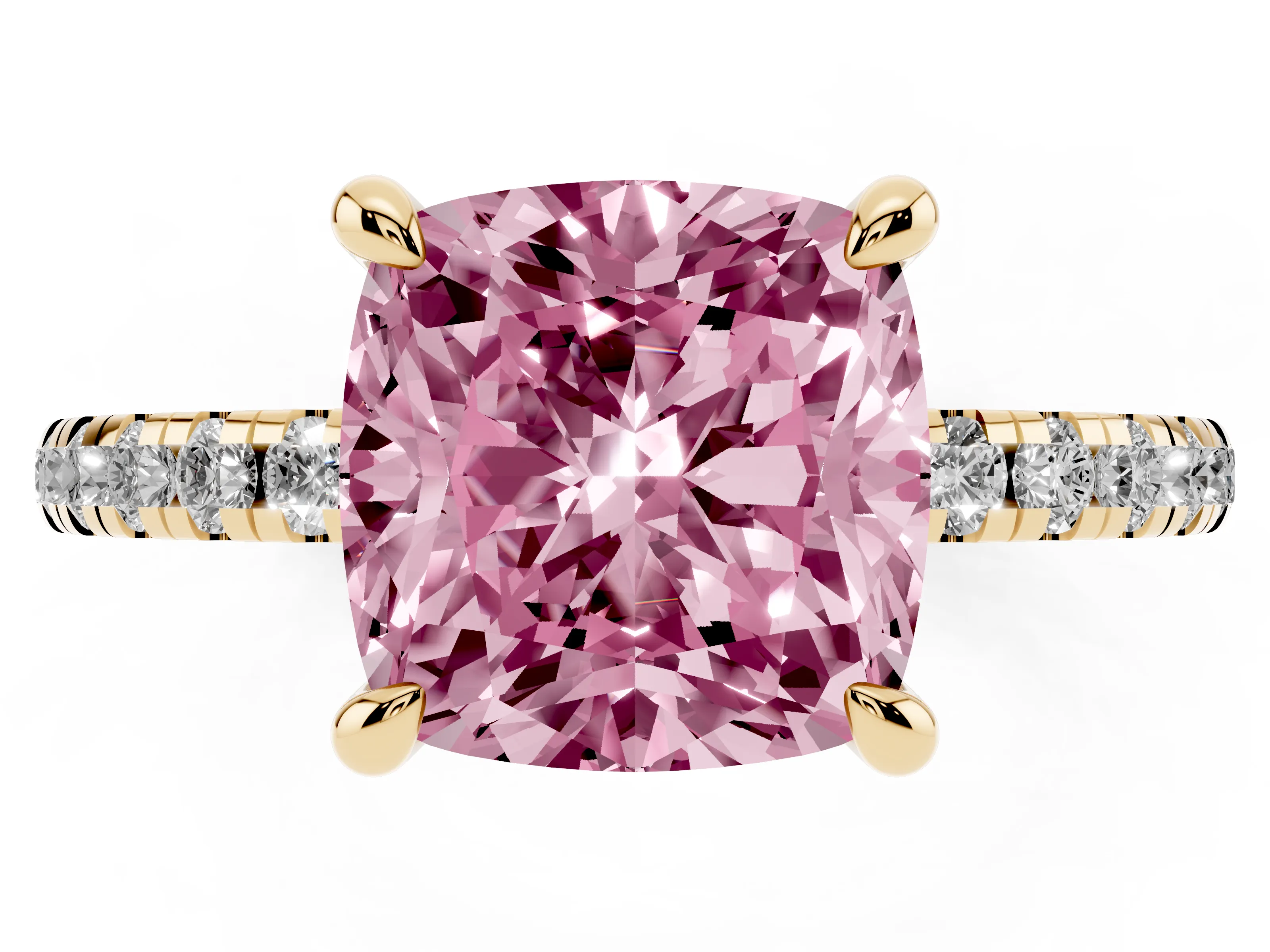 Fancy Pink Cushion Cut Diamond Brilliant Solitaire Ring Set in Yellow gold with Pavé Band and Prong Setting