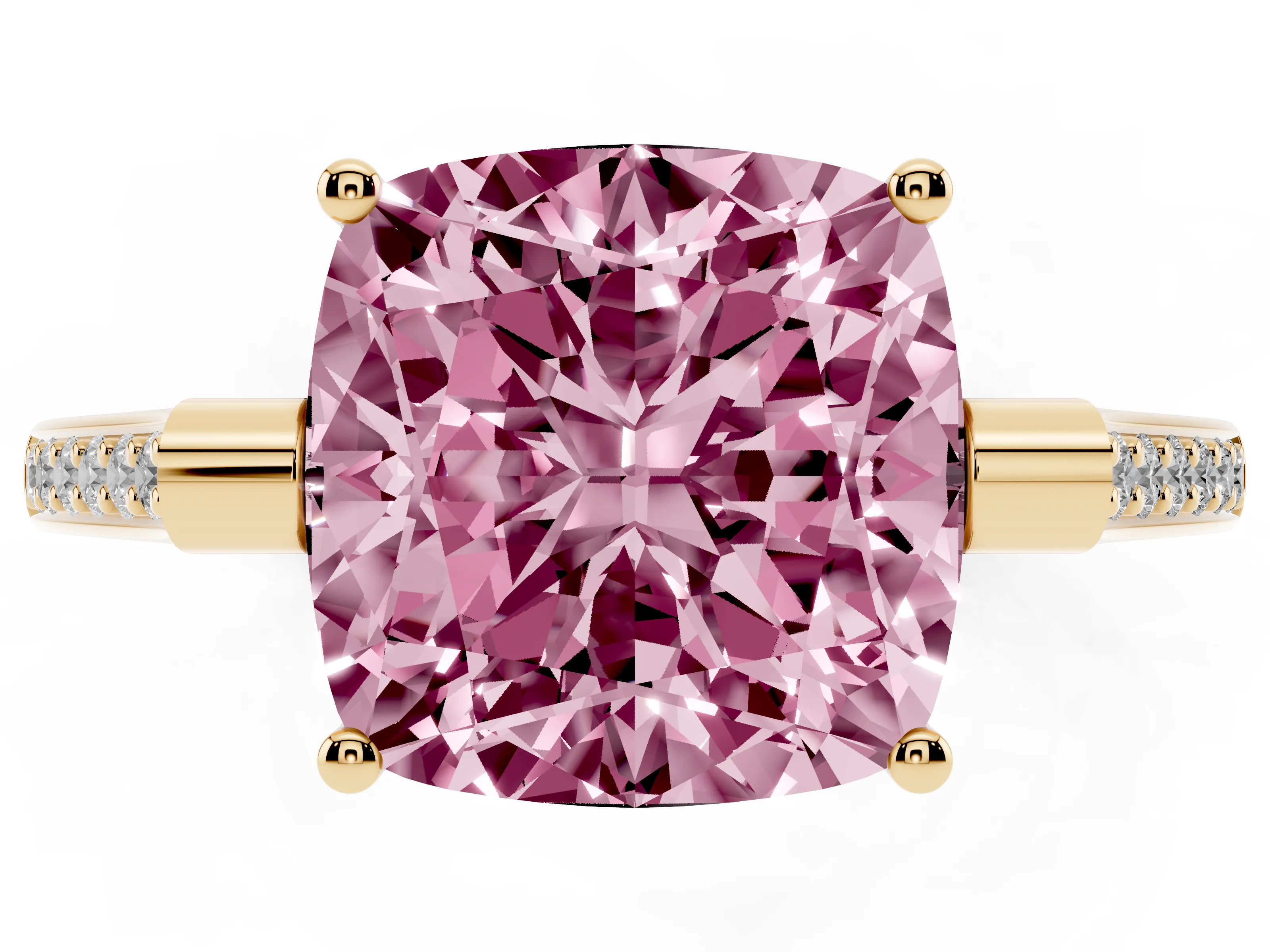 Fancy Pink Cushion Cut Diamond Solitaire Ring Set in Yellow gold with Channel Set Band and Bezel Prong Setting