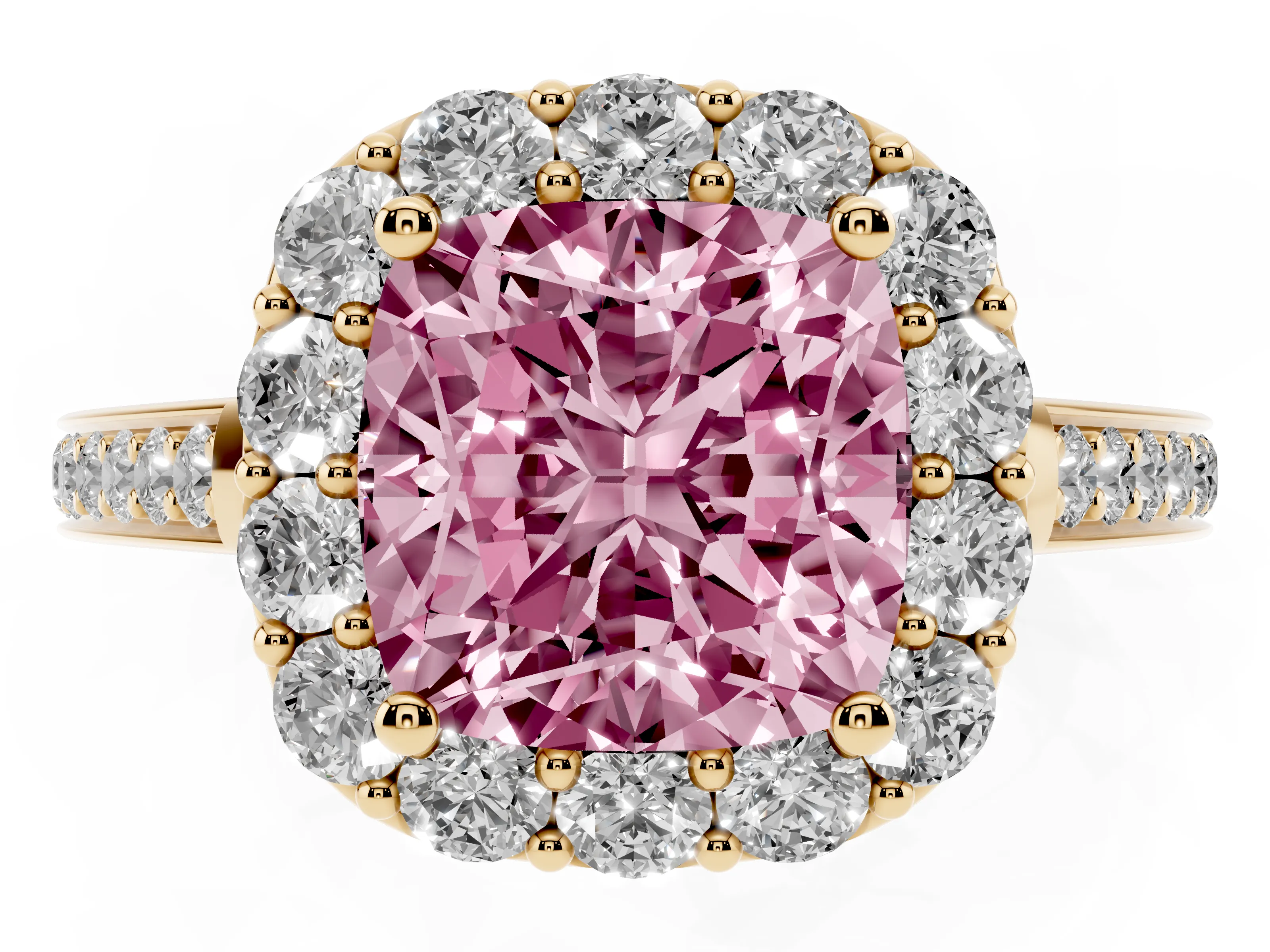 Fancy Pink Cushion Cut Diamond Floral Halo Ring Set in Yellow gold with Pavé Band and Prong Setting