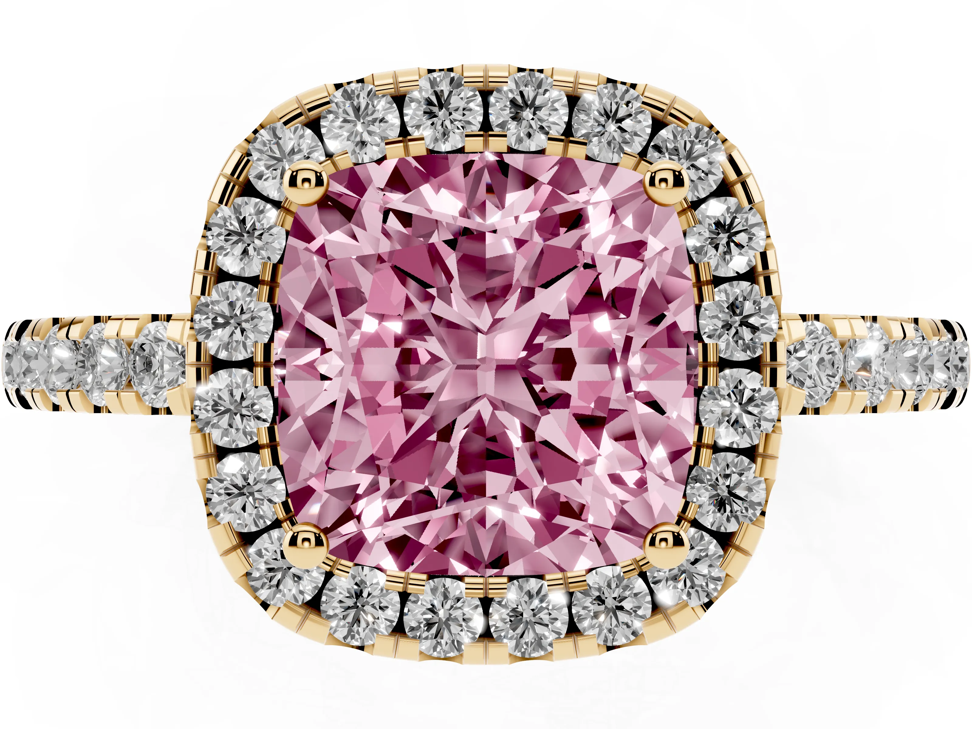 Fancy Pink Cushion Cut Diamond Pavé Band Halo Engagement Ring Set in Yellow gold with Prong Setting