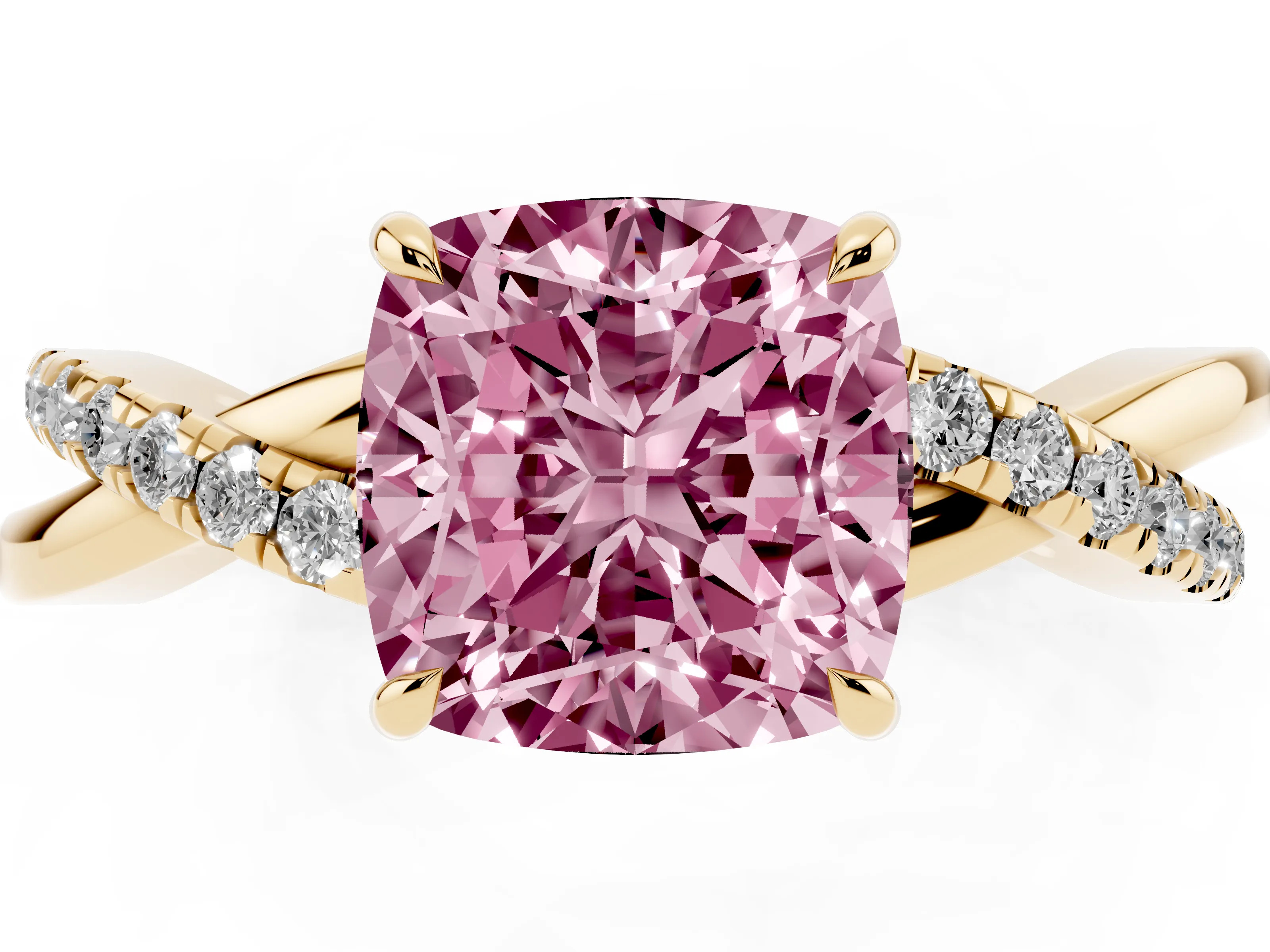 Fancy Pink Cushion Cut Diamond Twisted Pavé Band Ring Set in Yellow gold with Prong Setting